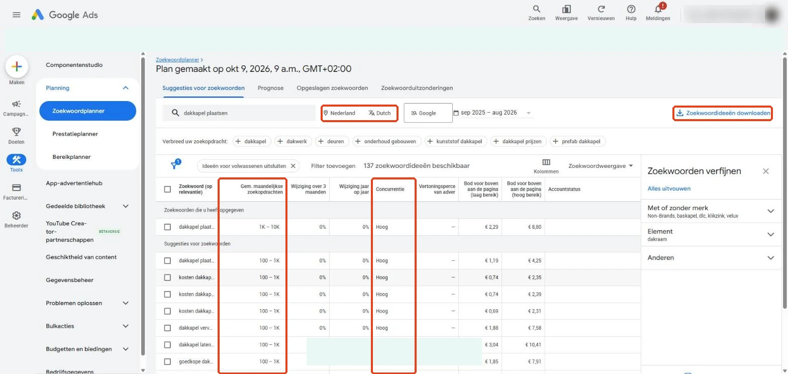 Zoekwoordplanner: resultaten met zoekvolume als bandbreedte en concurrentie