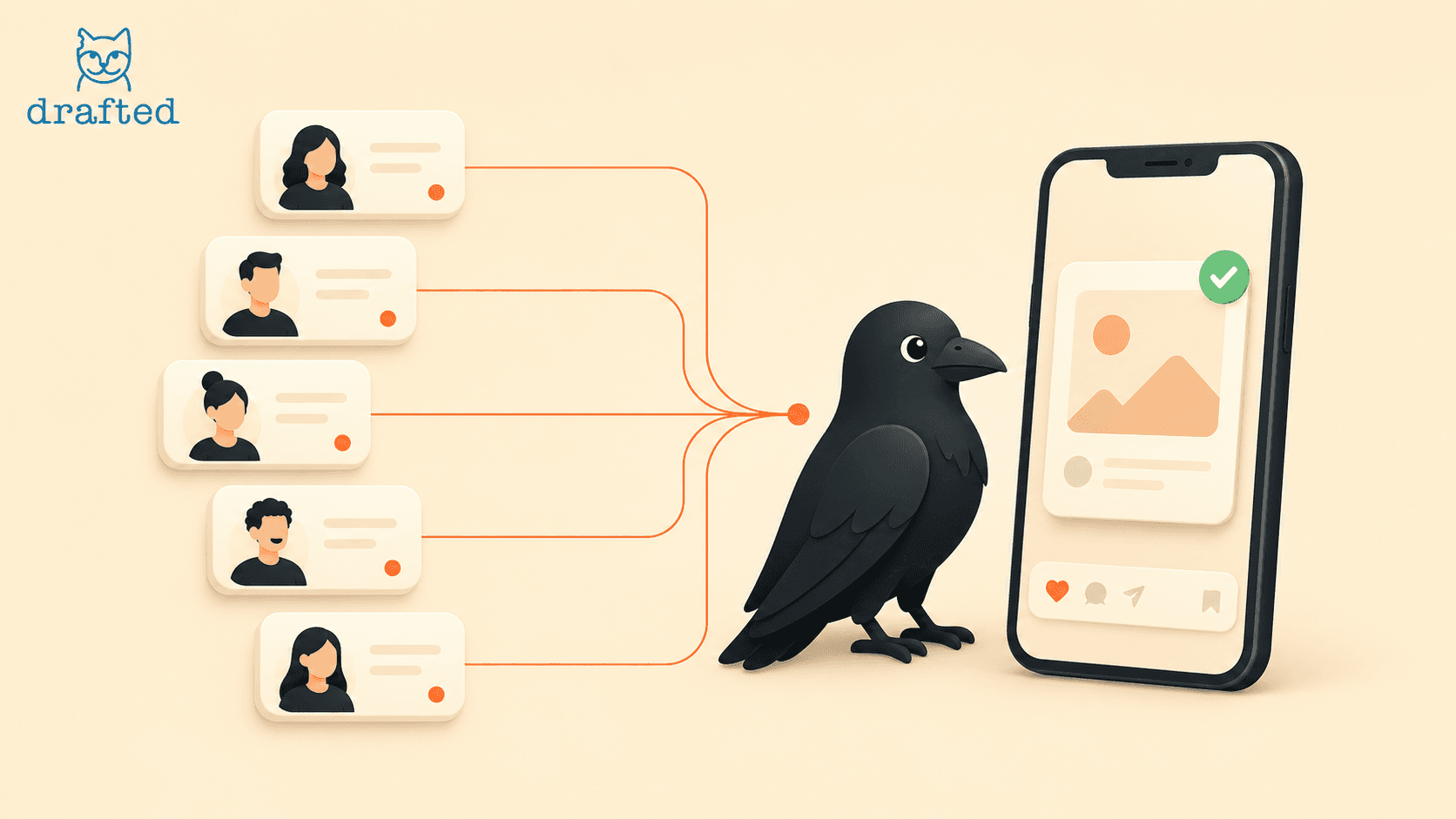 Illustration of a crow linking profiles to a smartphone displaying a verified image, set against a light background, highlighting a concept of connecting people through technology.
