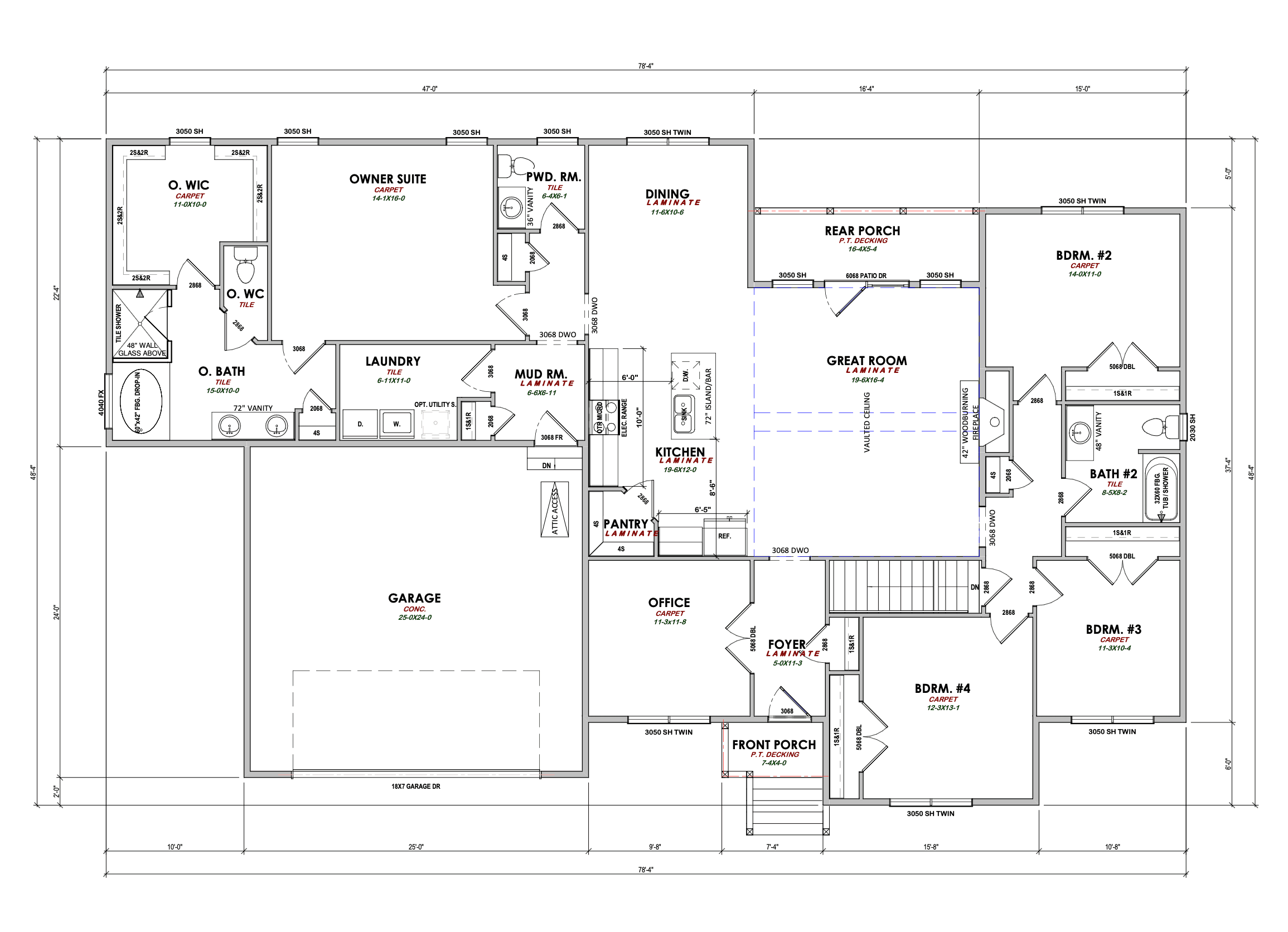 4 bed, 2.5 bath custom home floorplan