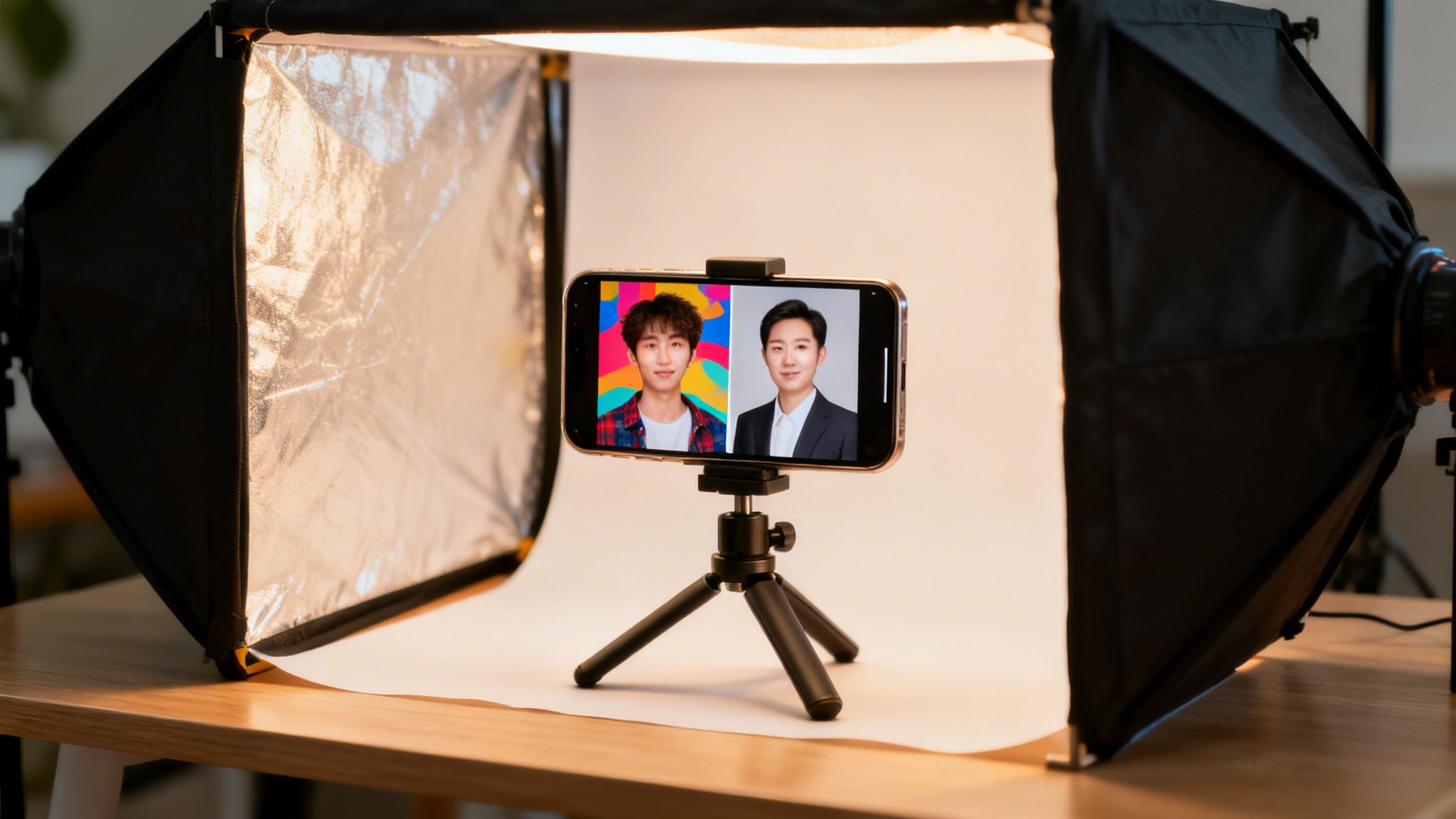 Kleines Fotostudio-Setup mit Smartphone auf Stativ zeigt zwei Porträts junger Männer, umrahmt von Softboxen.