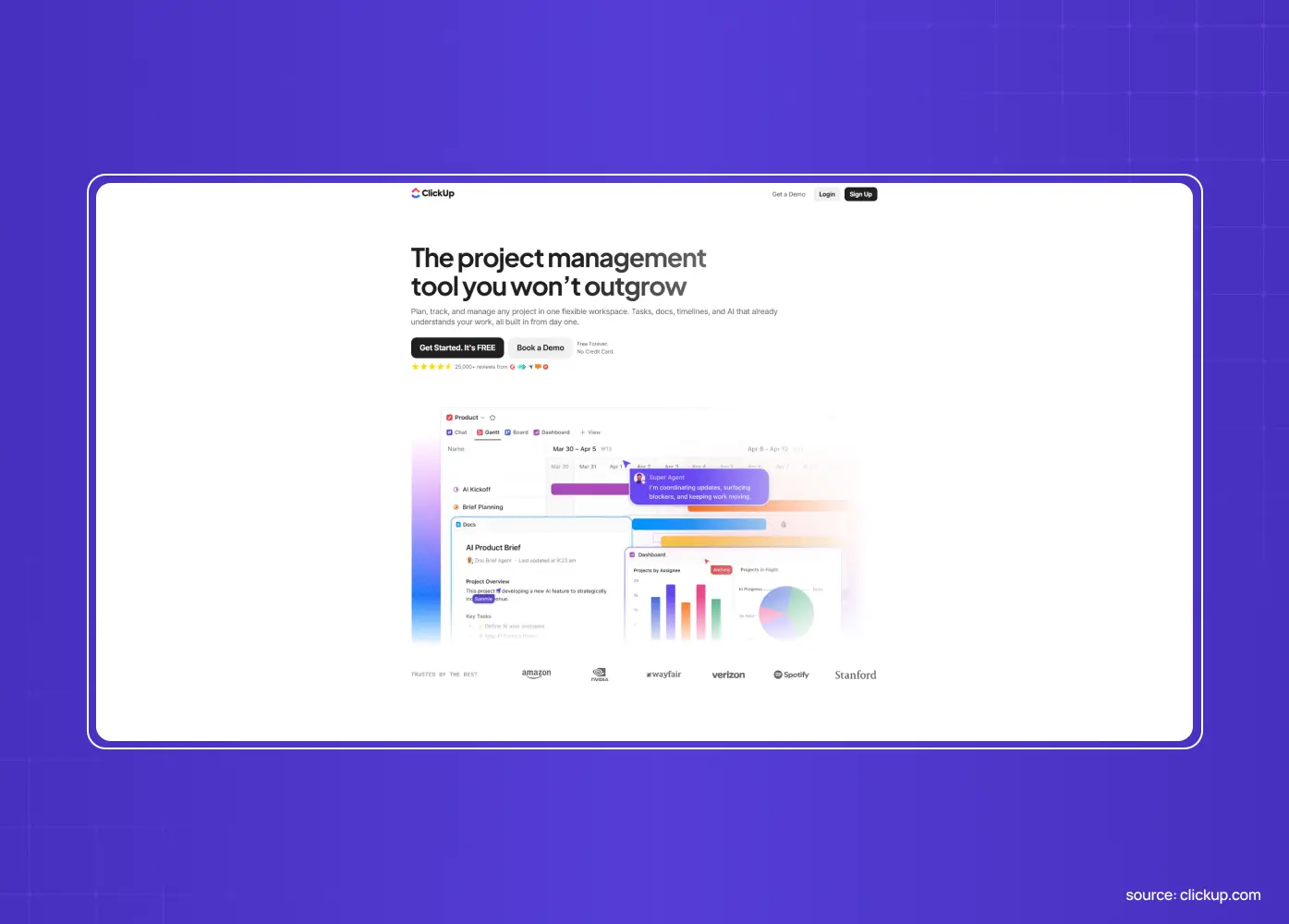ClickUp website homepage promoting project management software, with a project dashboard and analytics visualization.