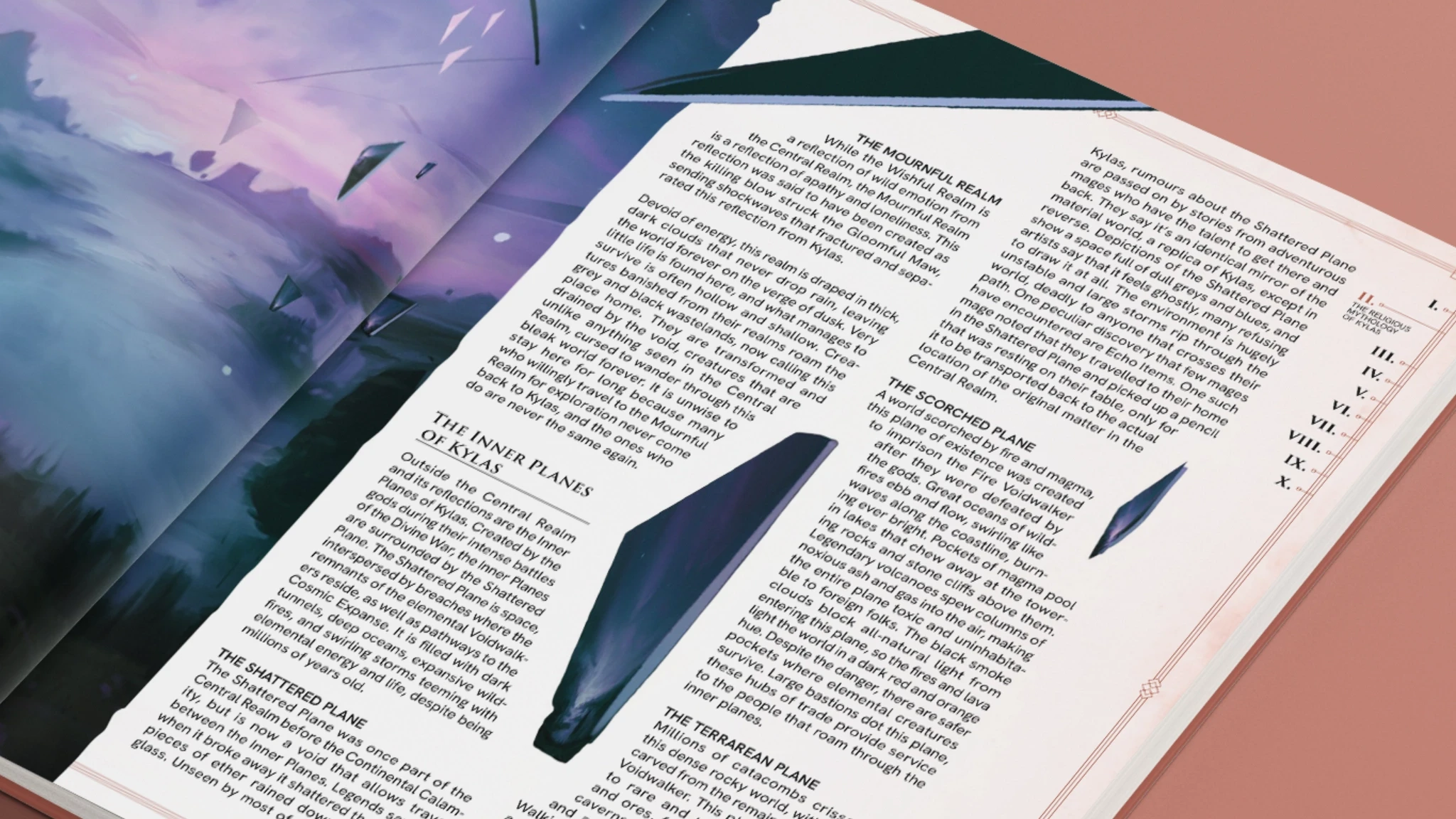 Book open to a spread featuring blue and purple artwork.