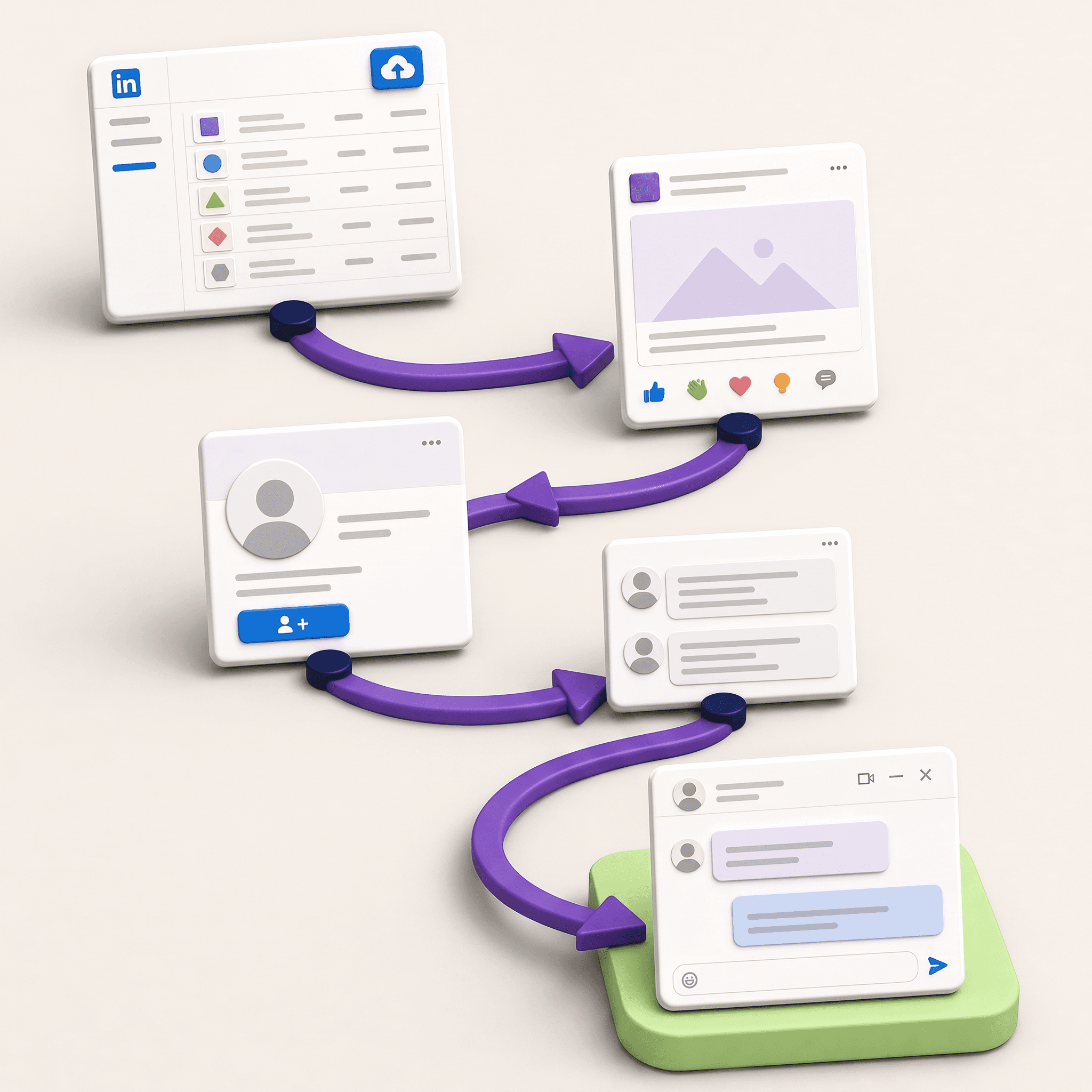 ABM flow on LinkedIn: company list upload in Campaign Manager, sponsored post, founder profile, comment thread, and a direct message conversation