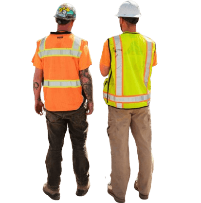 Two workers in high-visibility vests and hard hats, seen from behind.