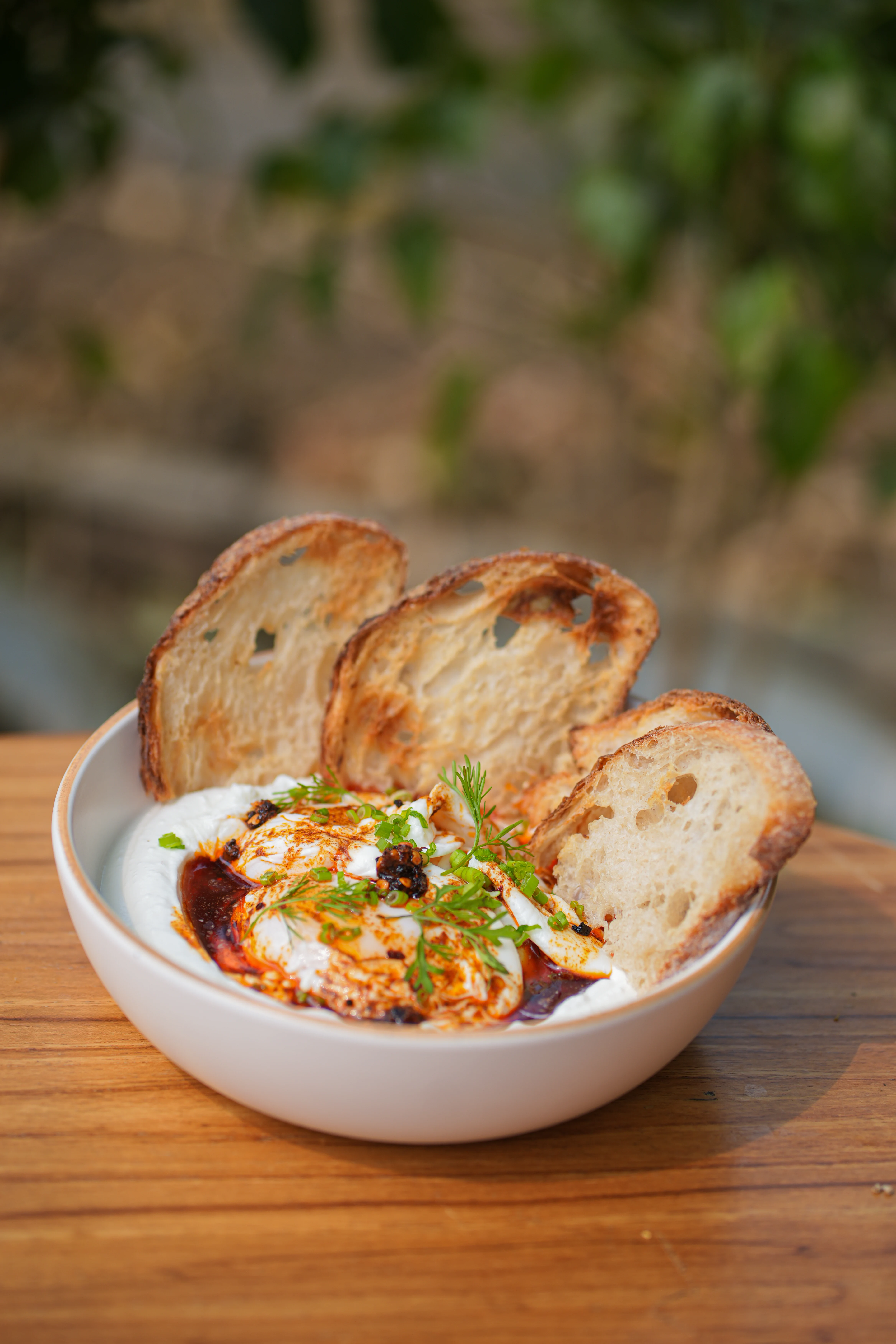Turkish Chilli butter Yogurt on a wooden table