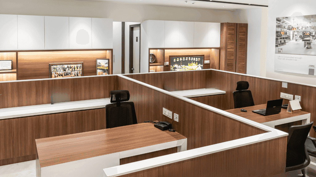 An office in St. Louis County plain and boring without living plants.