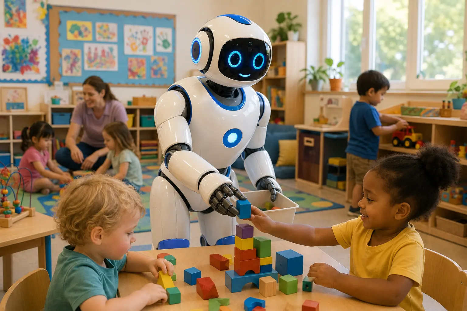 A robot hands a child a blue block in a room full of toys and children and one adult