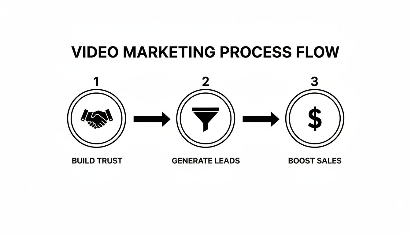 A video marketing process flow diagram showing three sequential steps: build trust, generate leads, and boost sales.