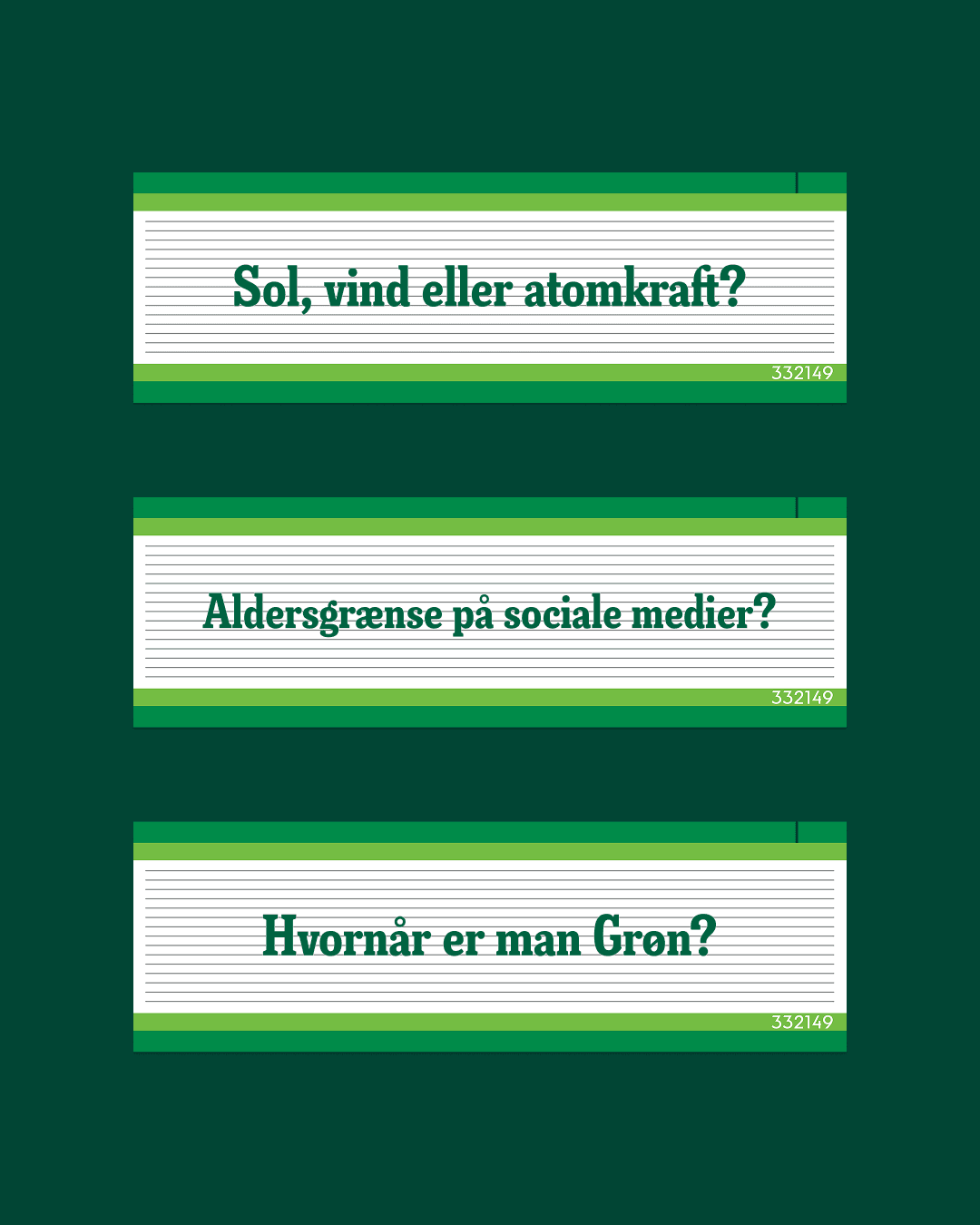 Tuborgen neck labels — three Danish political questions on green cards, label design for youth voter engagement