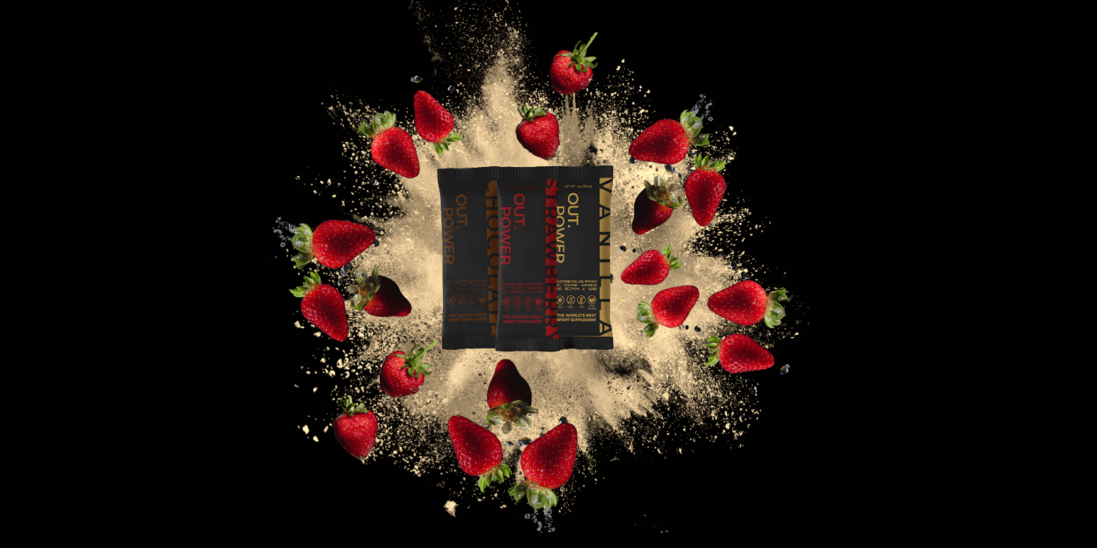 Out.Power supplement sachets surrounded by strawberries and powder, highlighting the all-in-one formula.