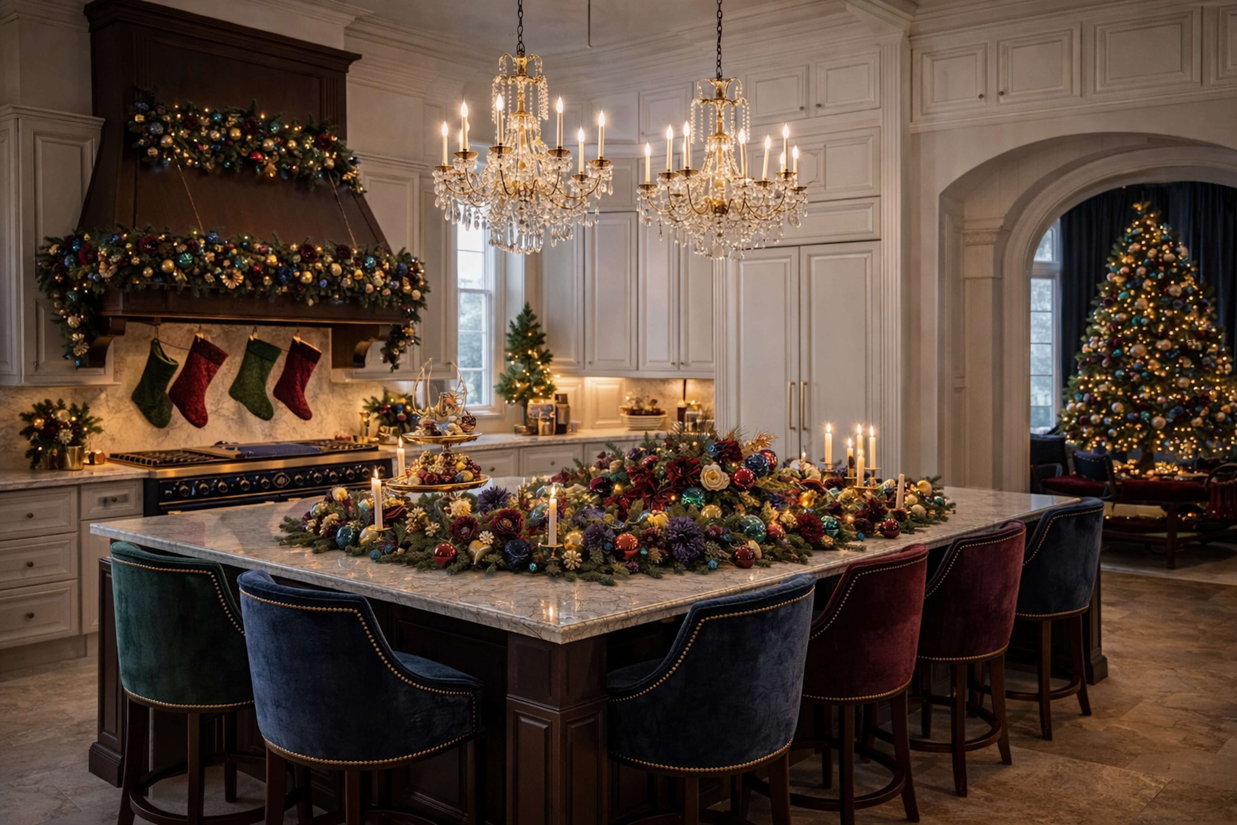 Holiday kitchen decorated with jewel-toned velvet bar stools, a marble island, rich greenery, candles, and crystal chandeliers creating a dramatic yet elegant seasonal atmosphere.