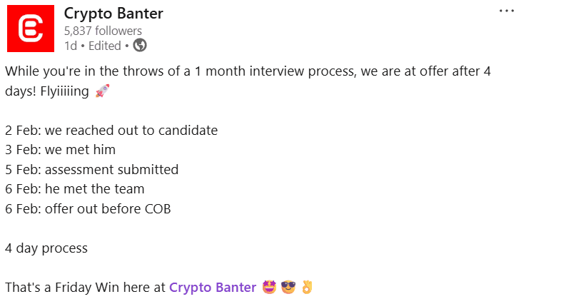 Crypto Banter LinkedIn post announcing a hire made in 4 days using AI recruiting, showing the full timeline from February 2nd outreach to February 6th offer, described as a Friday Win for the team