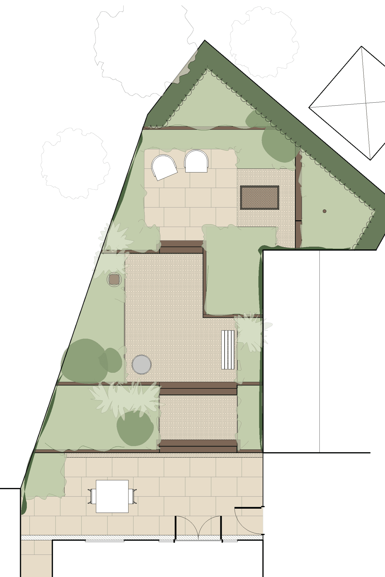 A rendered concept plan for a low-maintenance, wildlife-friendly new build garden in the UK.