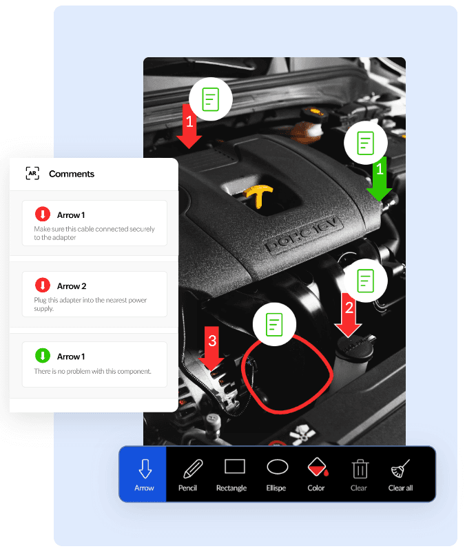 A photo showing annotatiuons on a photograph of an engine