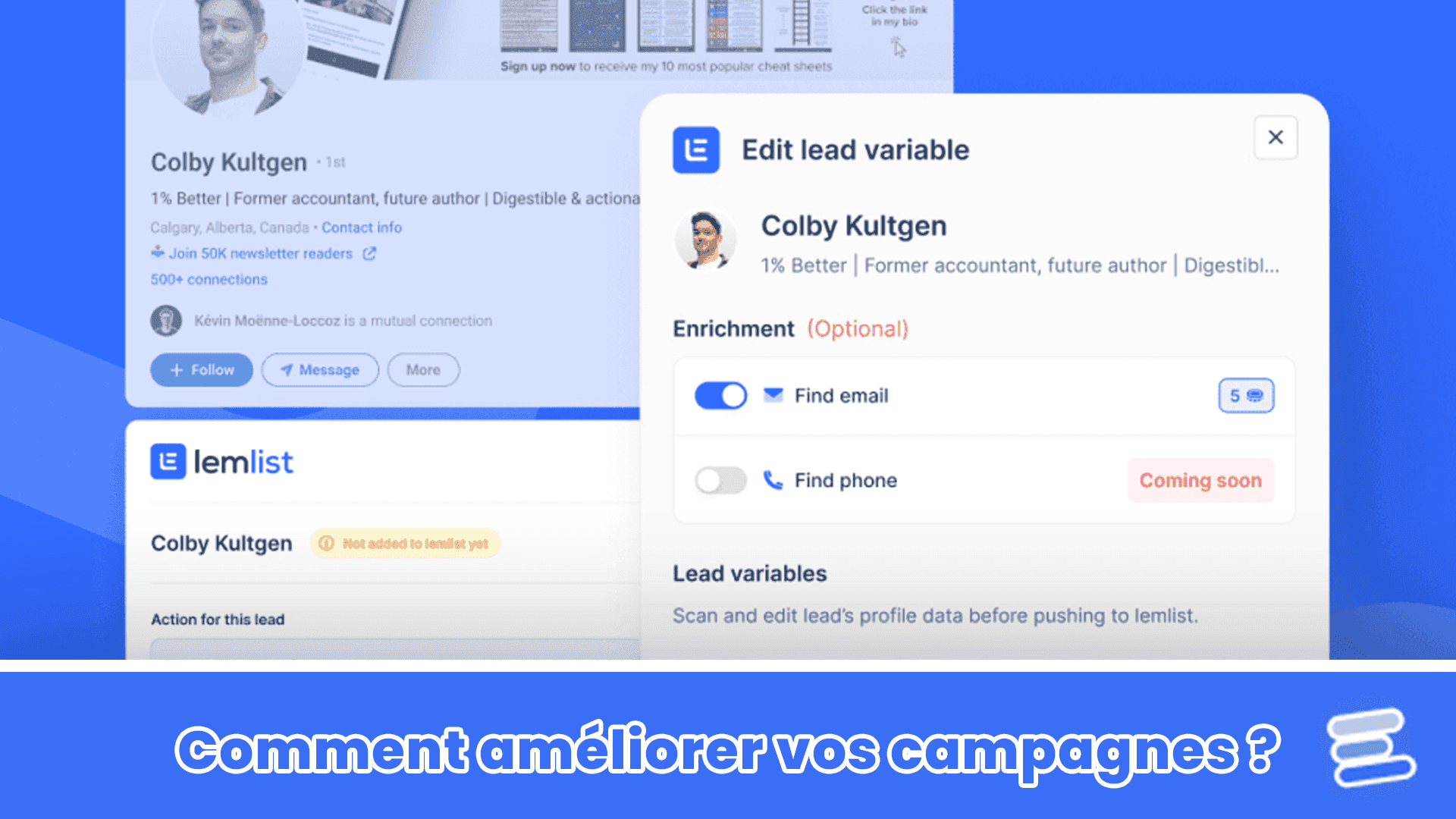 Extension Chrome Lemlist ouverte sur un profil LinkedIn, dans une version antérieure : fiche du contact et recherche de son email avant l'ajout à une campagne