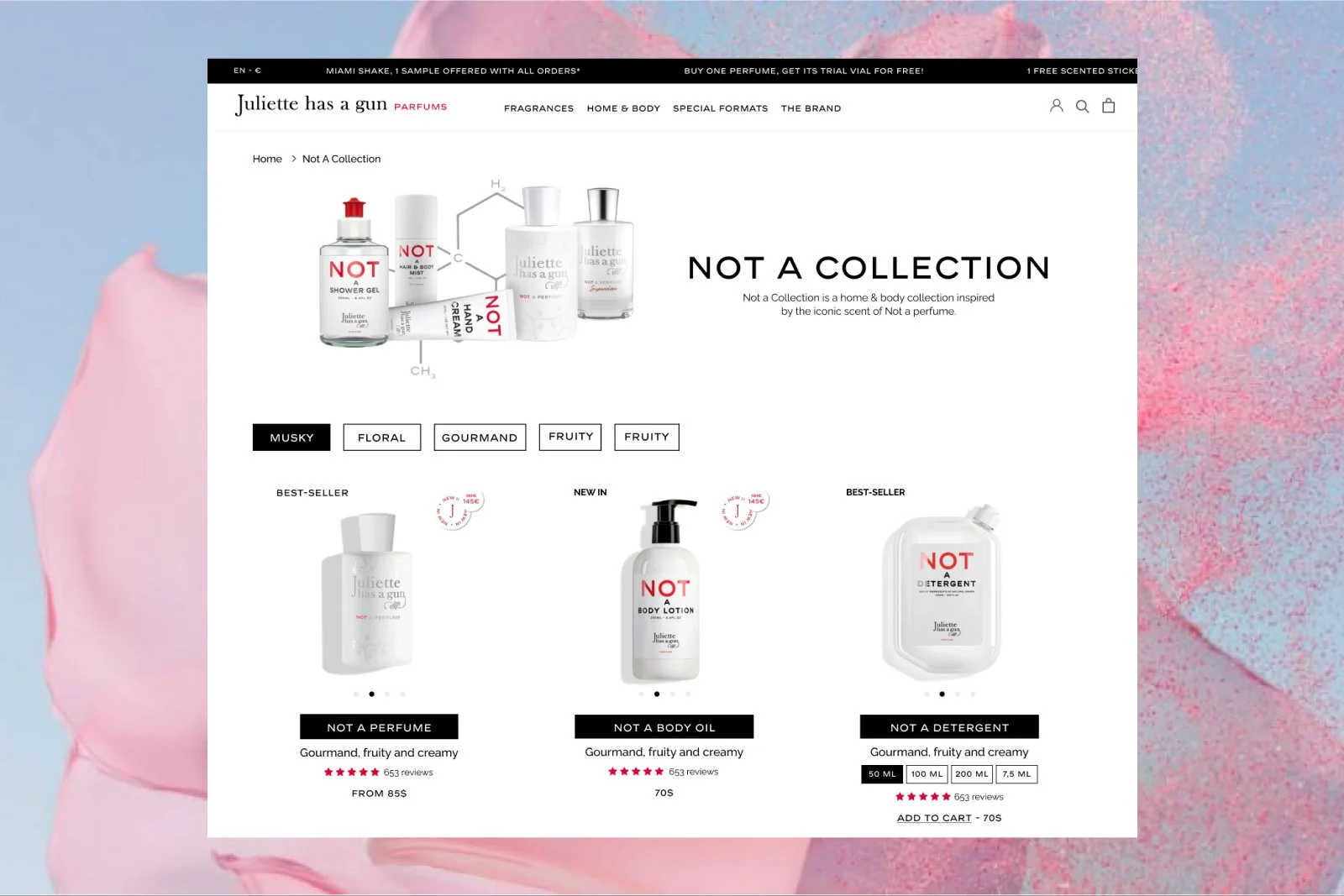 Refonte de la page collection Not A Collection Juliette Has a Gun avec filtres par note olfactive et fiches produit