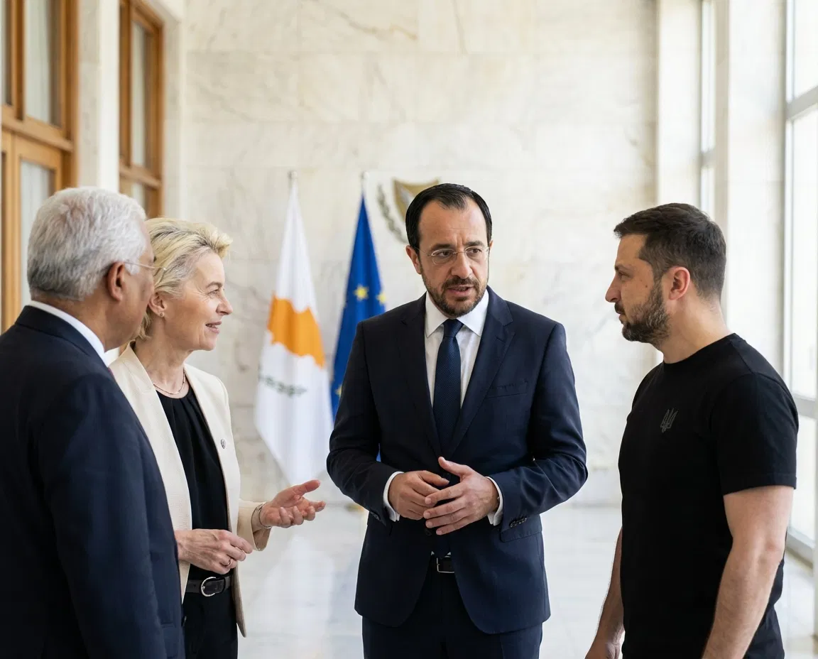 Nikos Christodoulides, Volodymyr Zelensky, Antonio Costa, and Ursula von der Leyen in a formal diplomatic setting in Nicosia.
