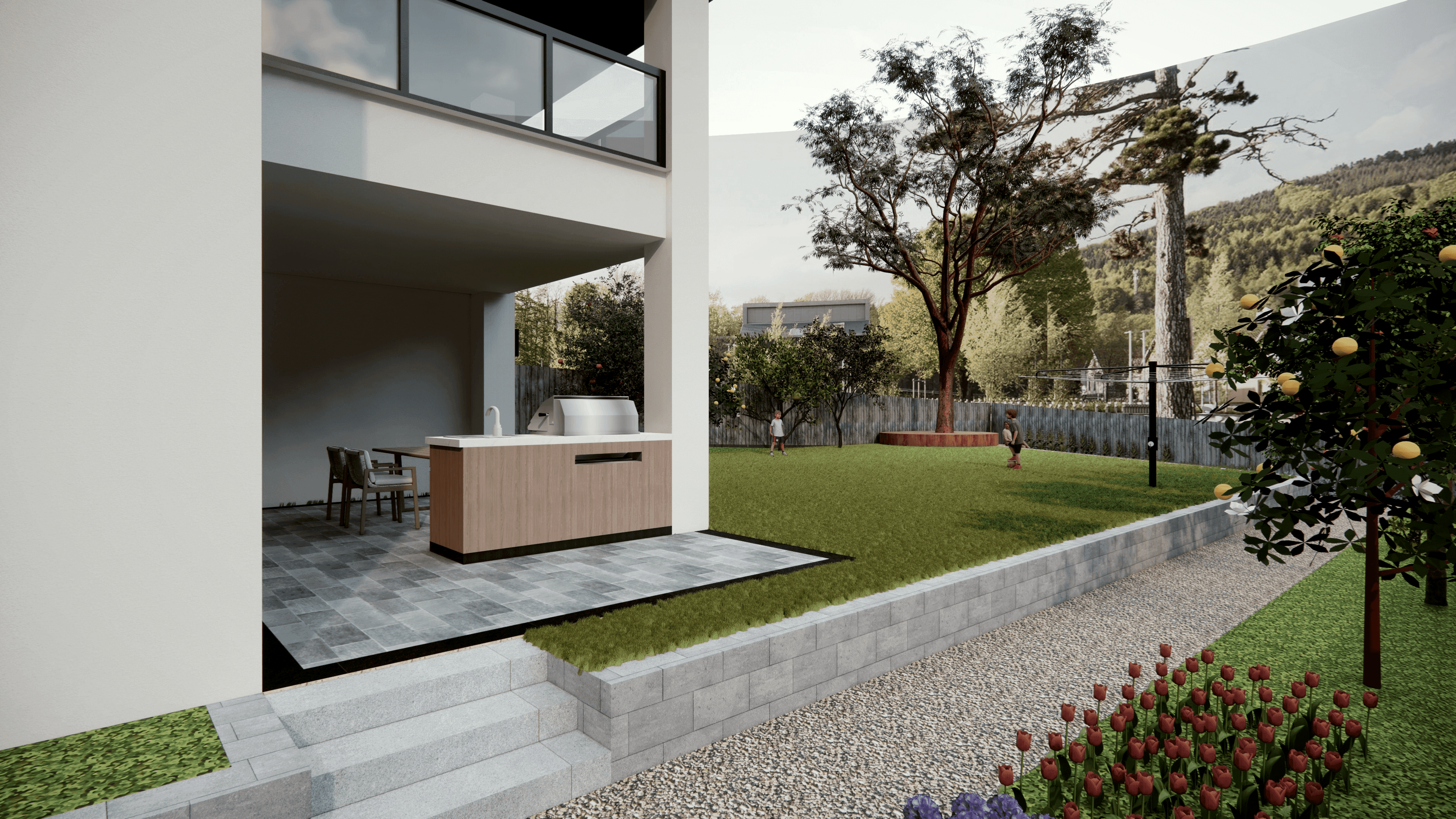 A modern building with a curved facade and trees growing in the courtyard