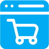Blue eCommerce icon with shopping cart symbol representing online store design – RJP.design, Web Design Agency NYC specializing in website design and digital marketing for eCommerce businesses.