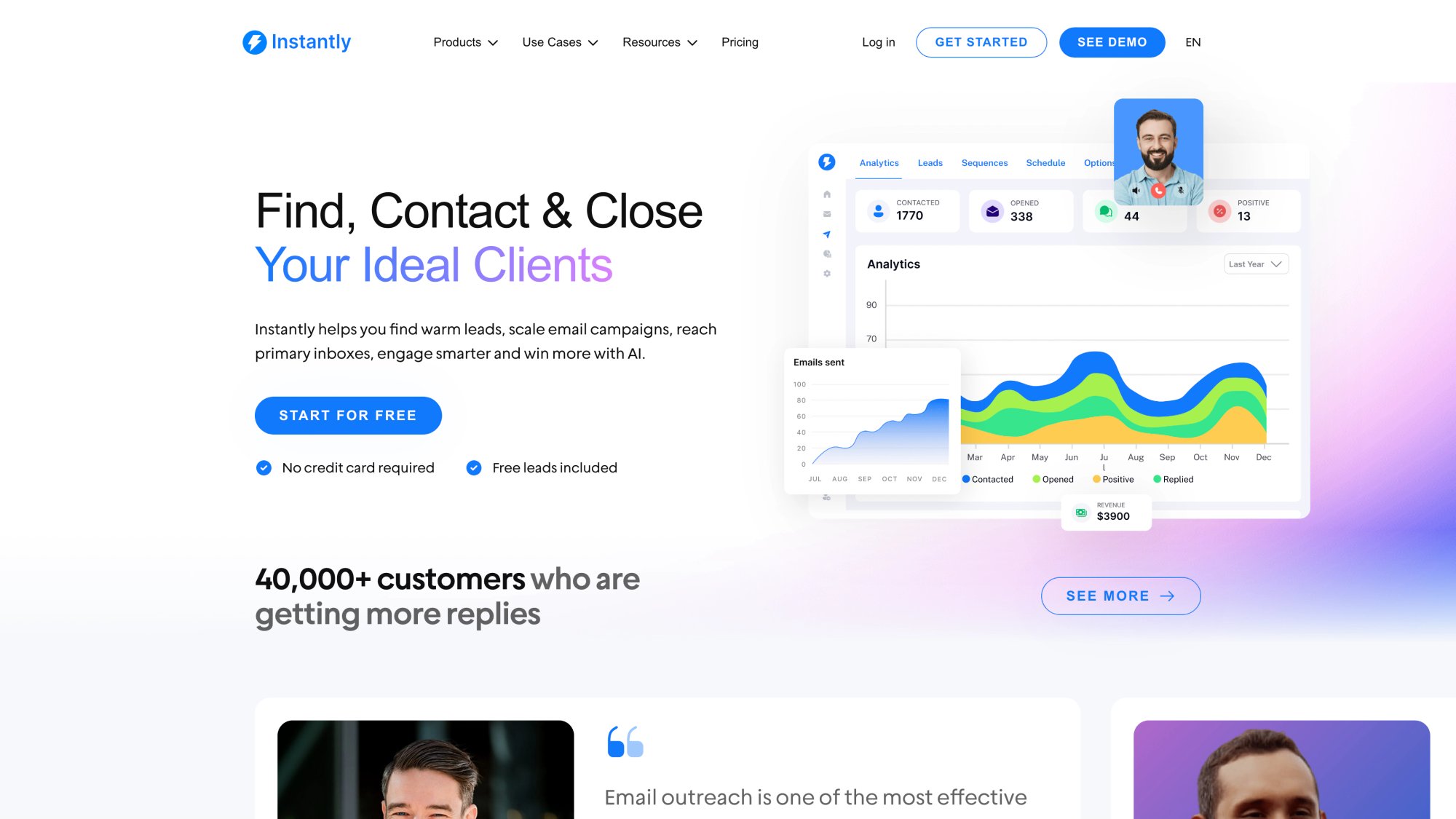 Instantly.ai cold email platform homepage featuring unlimited inbox sending and built-in lead database with warmup network