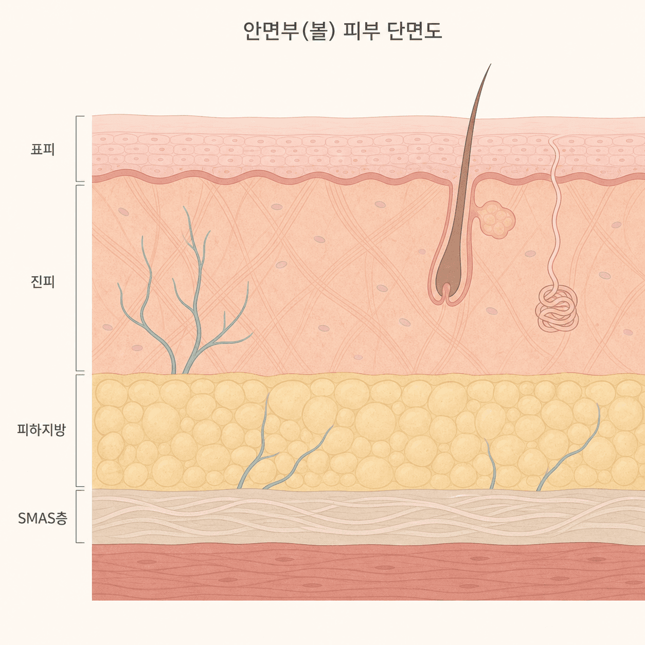 피부 표면부터 SMAS층까지의 얼굴 단면