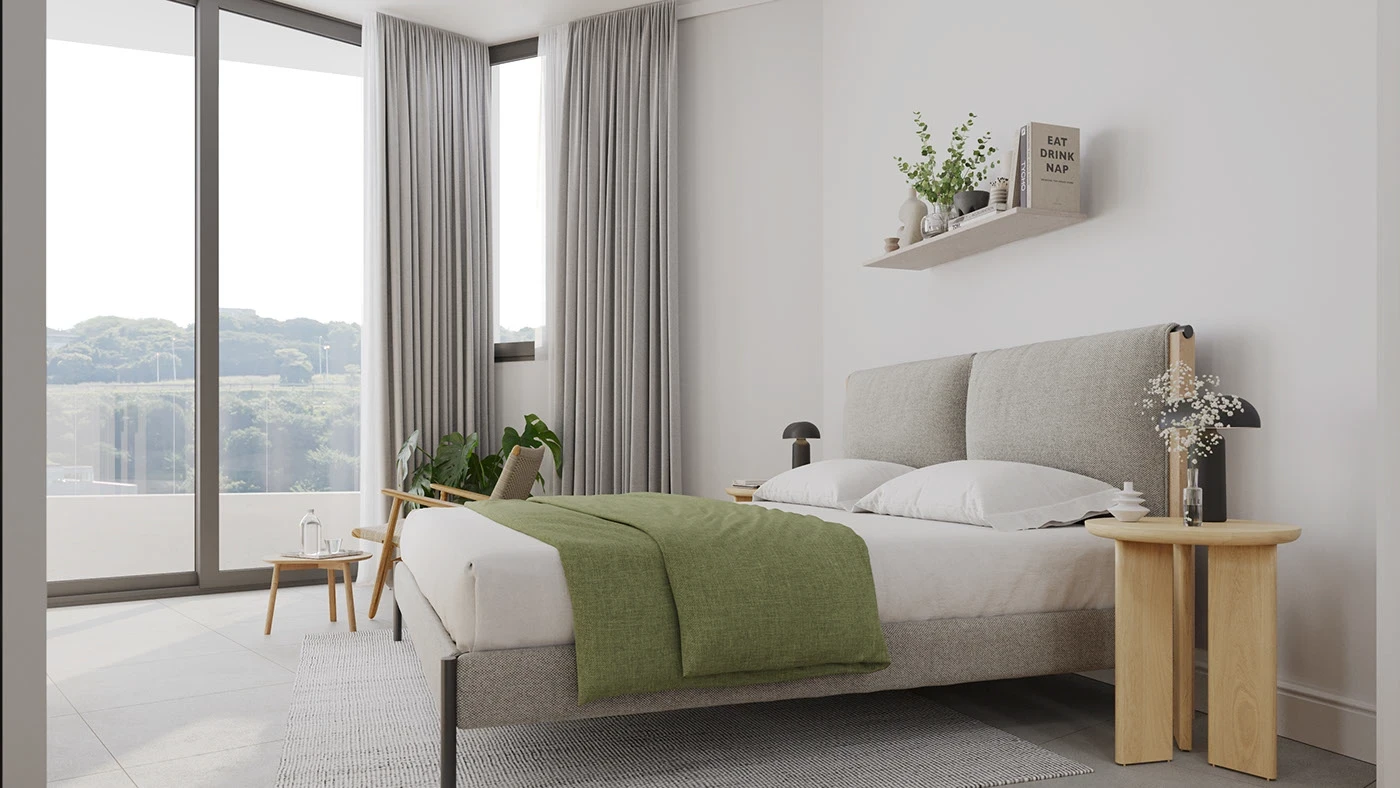 Contemporary bedroom featuring gray upholstered bed with olive green accent bedding, wooden nightstands, table lamps, and large windows with ocean views