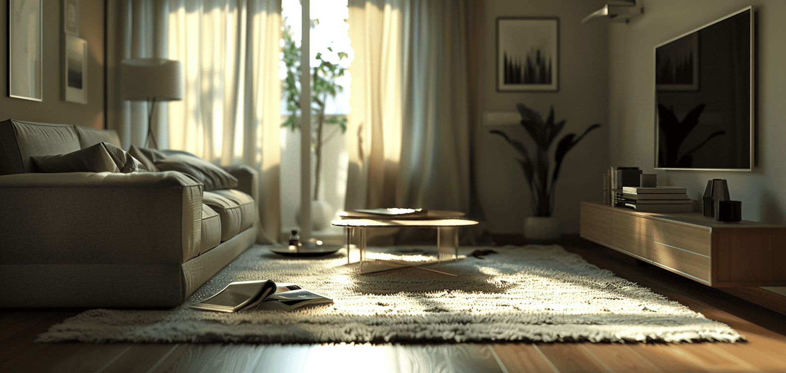 A serene bedroom with purple tones, a minimalist bed, wooden nightstands, and soft natural lighting.