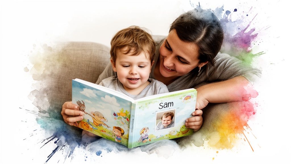 A joyful mother and child reading a personalized storybook with colorful watercolor splashes.