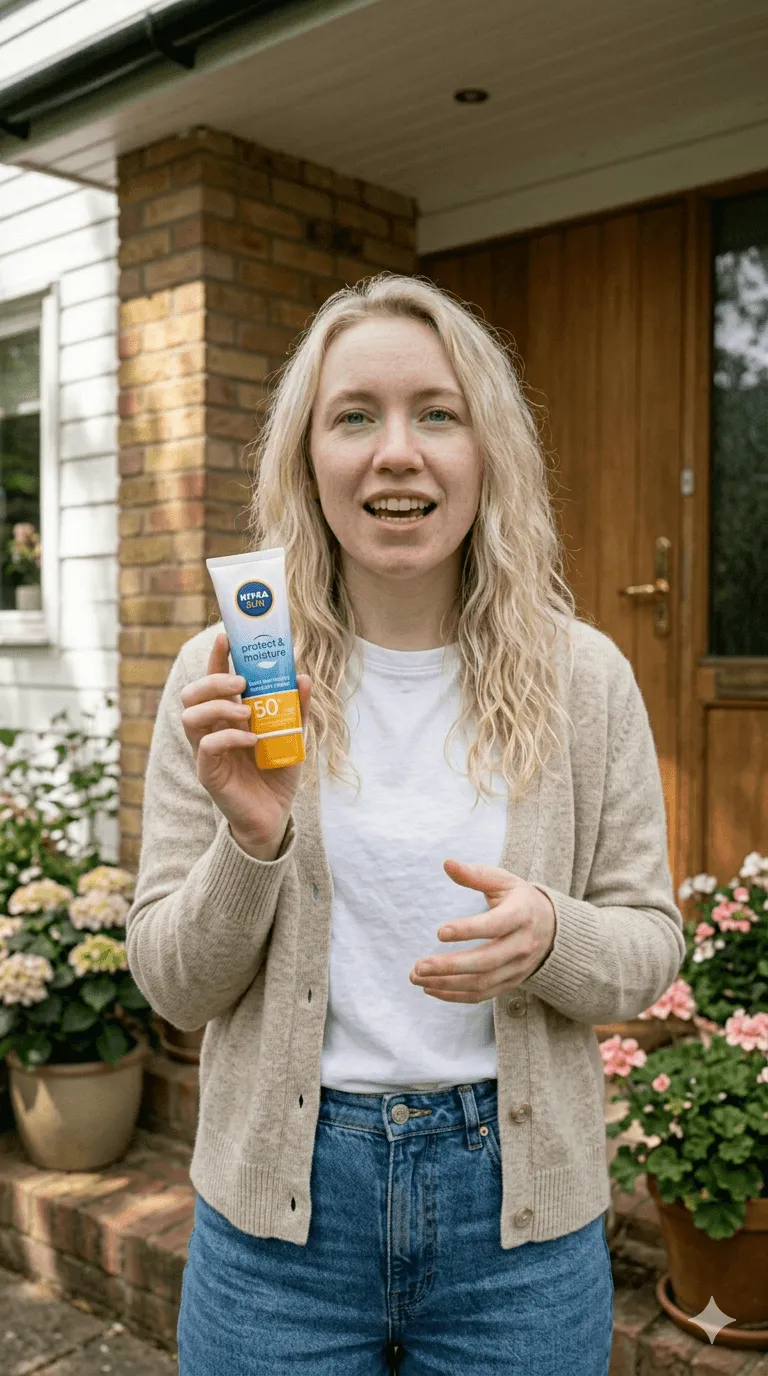 Blonde woman in a beige cardigan and white t-shirt holding up a Nivea Sun Protect & Moisture SPF 50+ sunscreen tube, standing outside a brick house surrounded by flowers, smiling enthusiastically