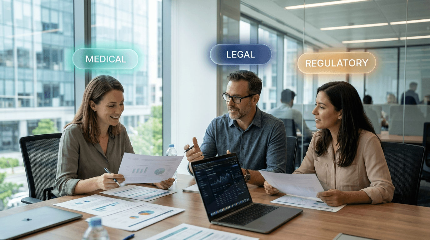 Three pharma professionals representing Medical, Legal, and Regulatory review functions at a conference table, with holographic role labels floating above each reviewer