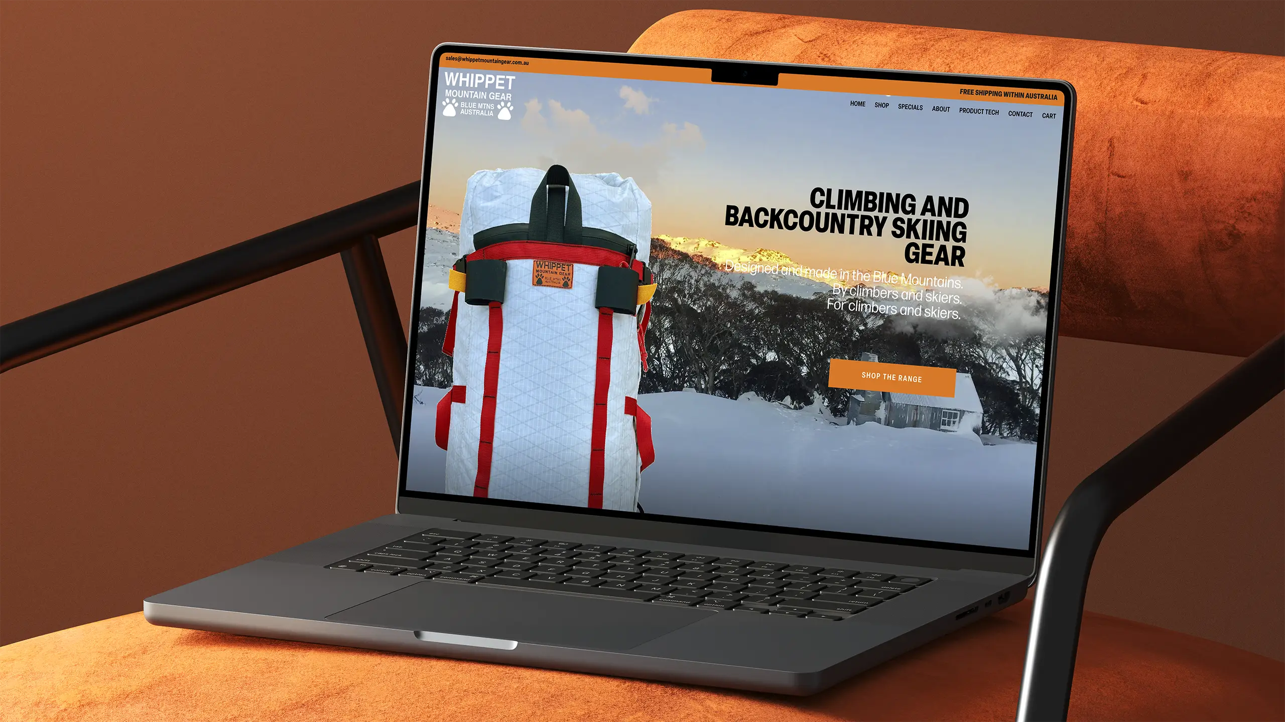 Whippet Mountain Gear Wordpress WooCommerce website homepage design.