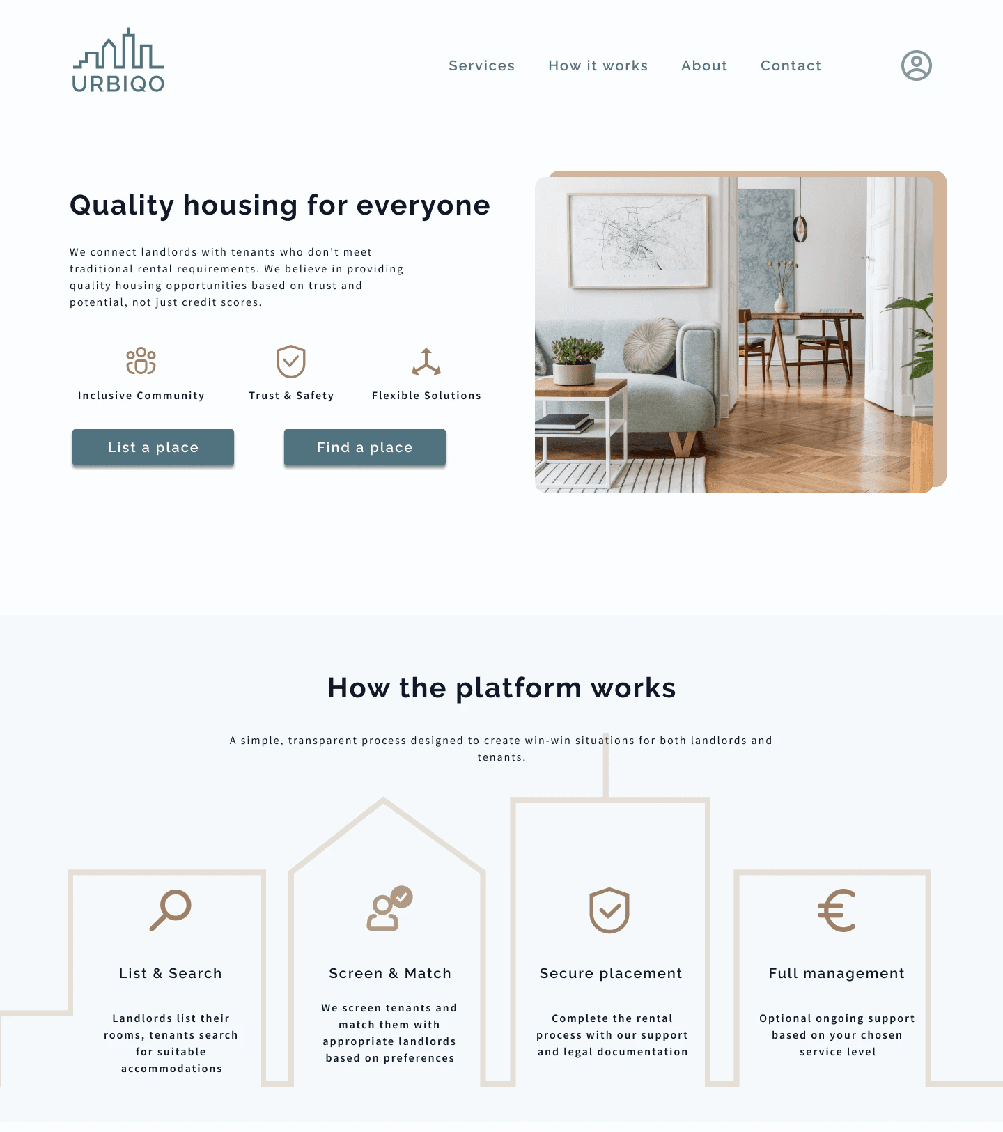 Urbiqo platform mockups showing onboarding flow and property listing screens