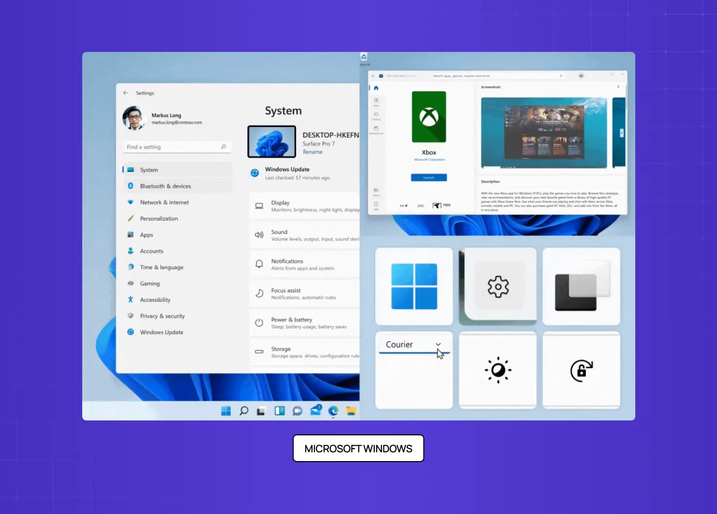 Screenshot showcasing the Microsoft Windows graphical user interface with settings panels, application windows, icons, and interactive controls.