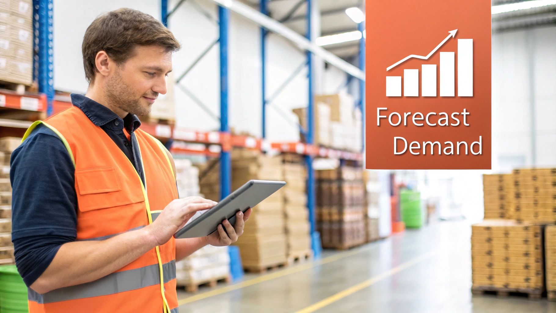 A man in a safety vest uses a tablet in a warehouse, with a 'Forecast Demand' graphic.