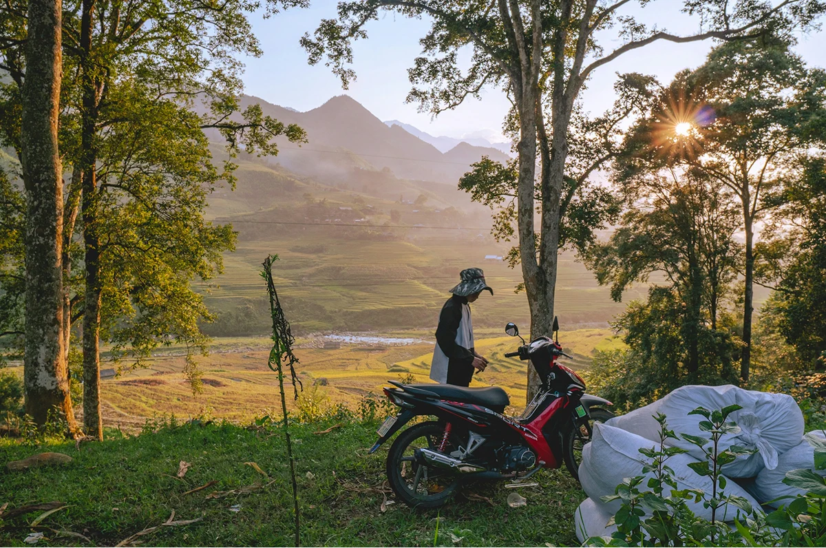 Person beside a motorcycle overlooking fields at sunset