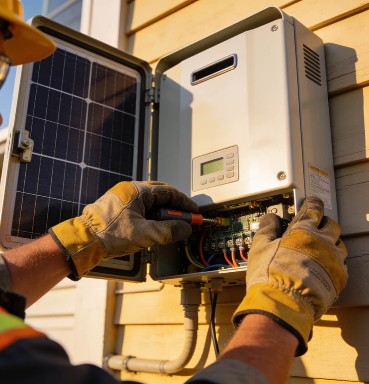 Engineer repairing an open solar inverter unit during a maintenance visit