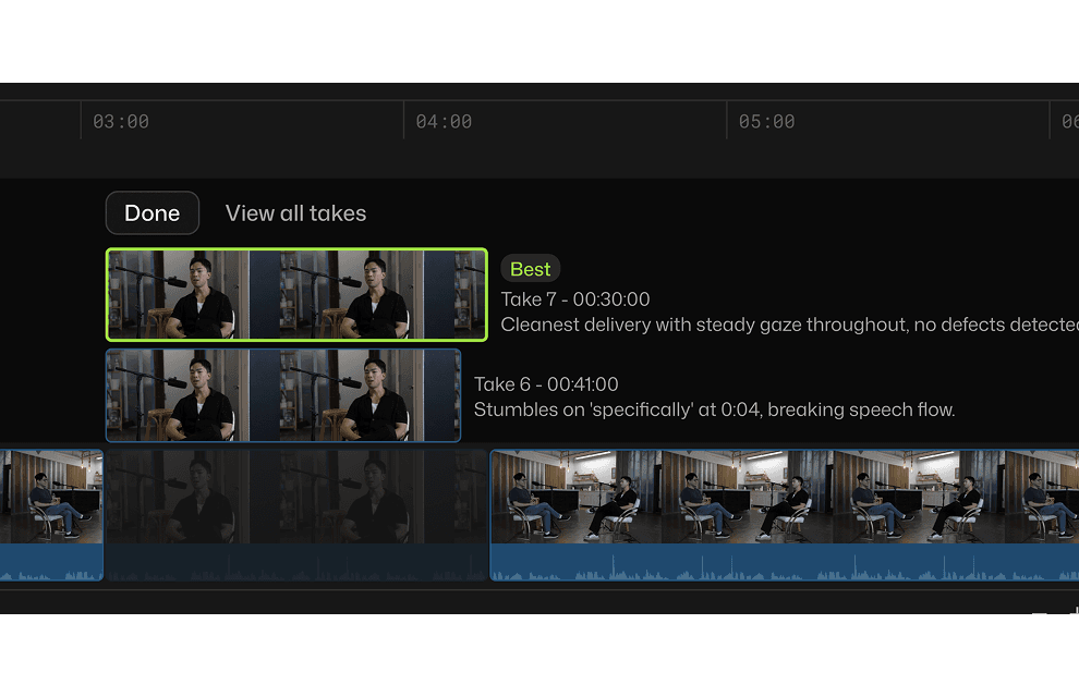 video editor timeline with best take analyzed