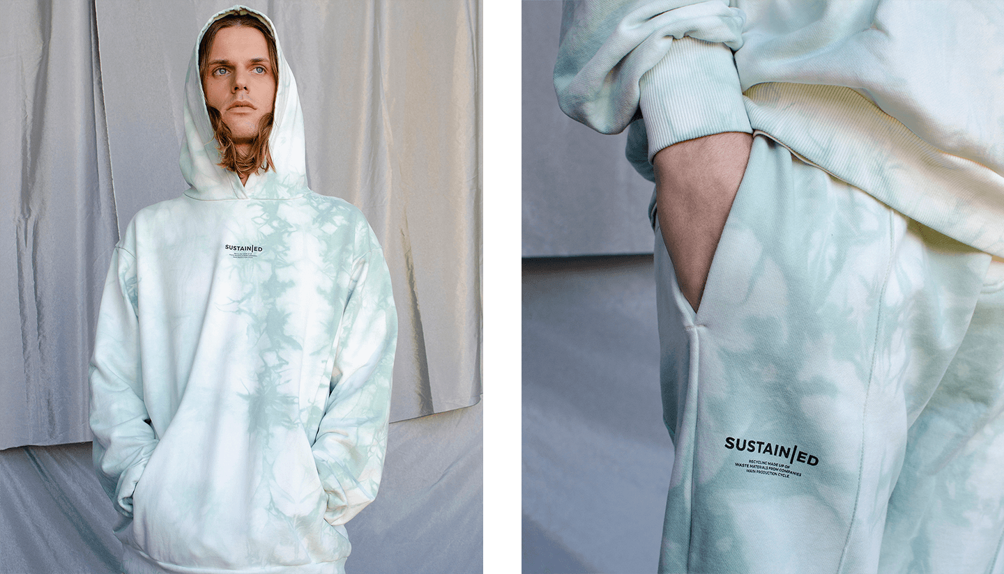 Copenhagen Projekt sustainable menswear, mint tie-dye recycled cotton oversized hoodie and joggers, eco-friendly fabric detail