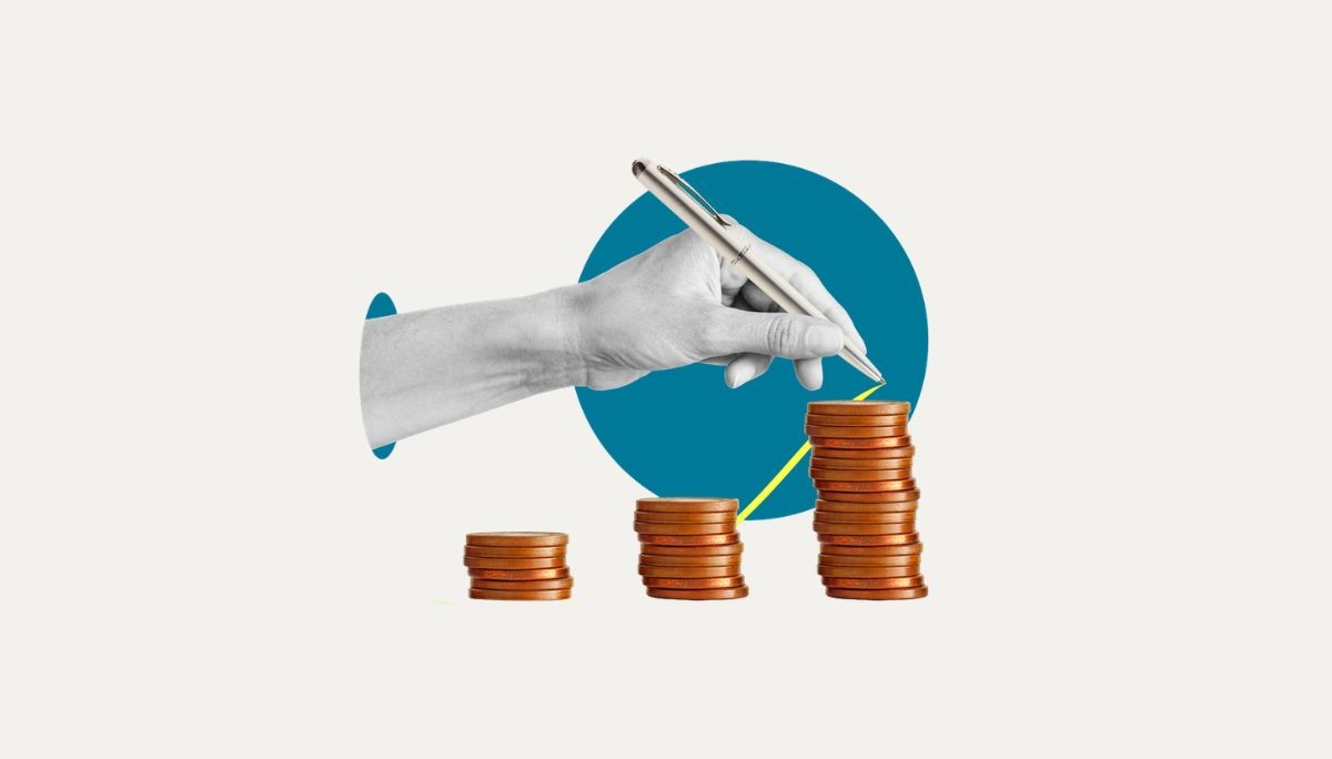 Illustration of a hand holding a pen above rising stacks of coins with an upward line, symbolizing business scalability and growth planning.