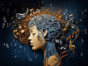 Human mind with musical notes.