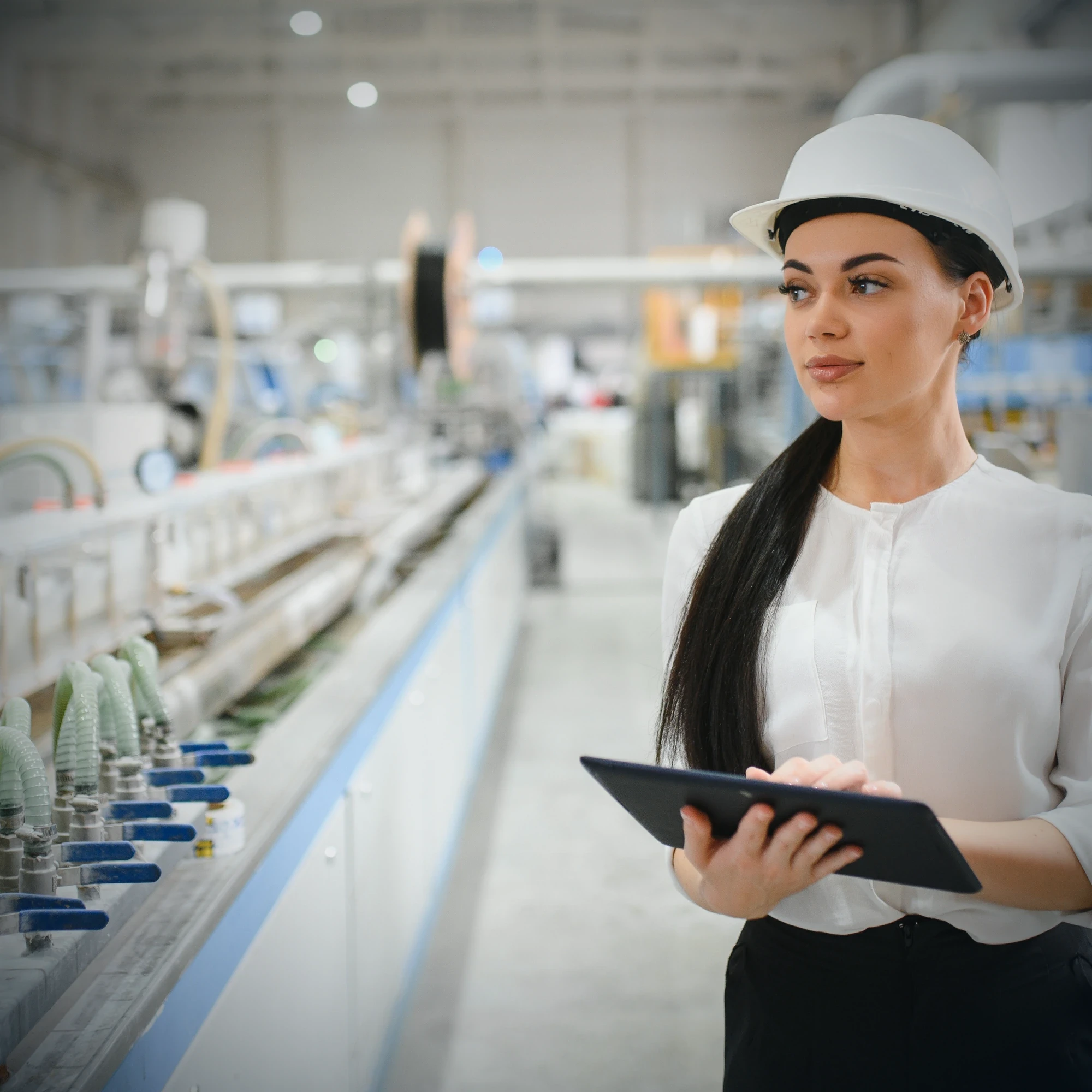 CI lead reviewing an improvement on a tablet beside the production line