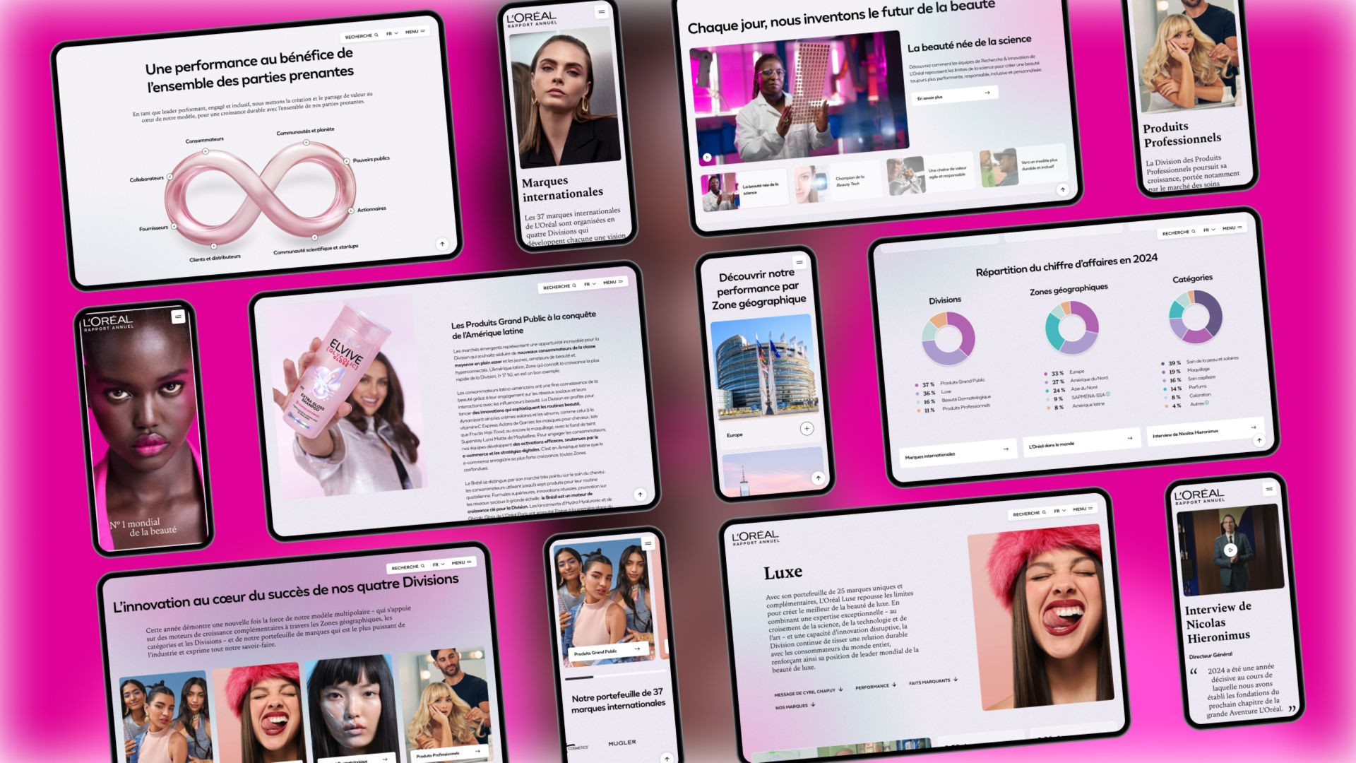 Montage de plusieurs écrans de smartphones et de tablettes affichant diverses pages du site internet et du rapport d'activité de L'Oréal, le tout sur un fond rose fuchsia.