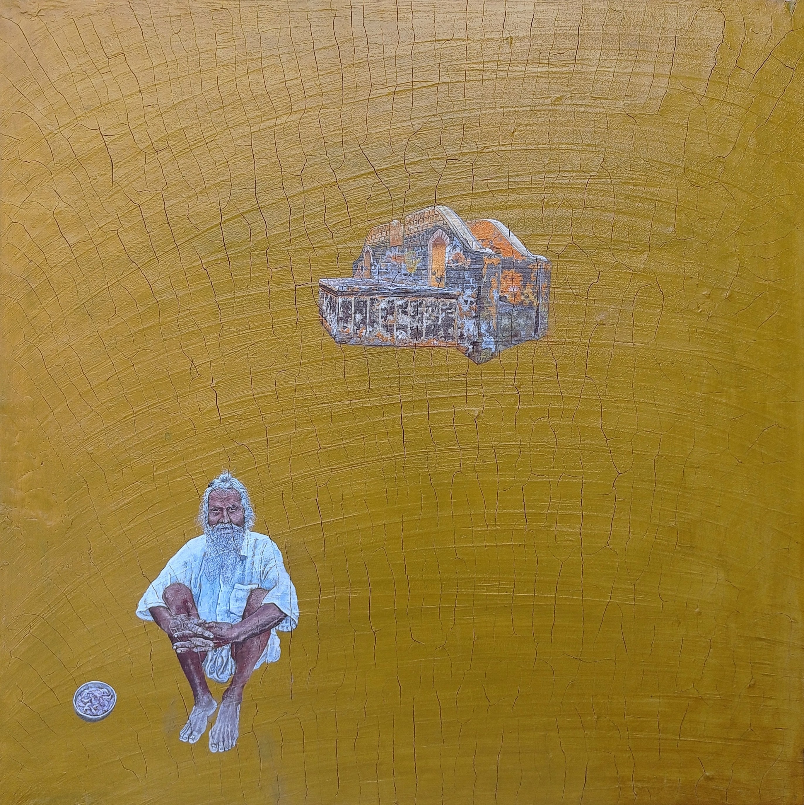 herd of sheep on road painting