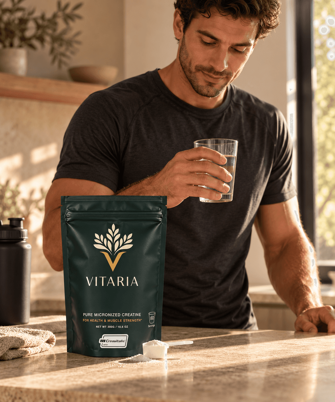 Vitaria Creatine Monohydrate pouch beside a man holding a glass of water in warm sunlight