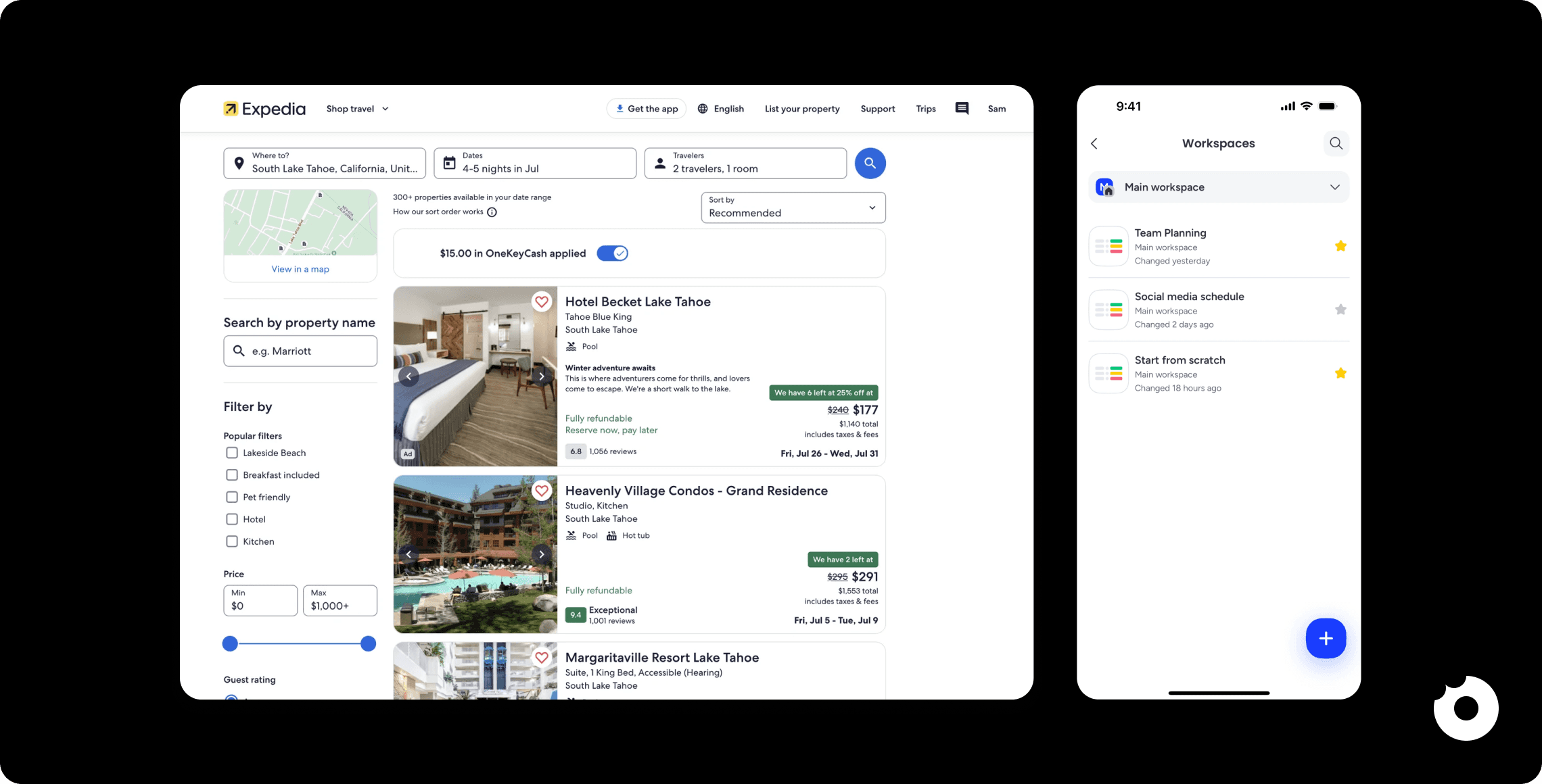 Expedia and Monday use row cards for search results, combining images, pricing, ratings, and CTAs.