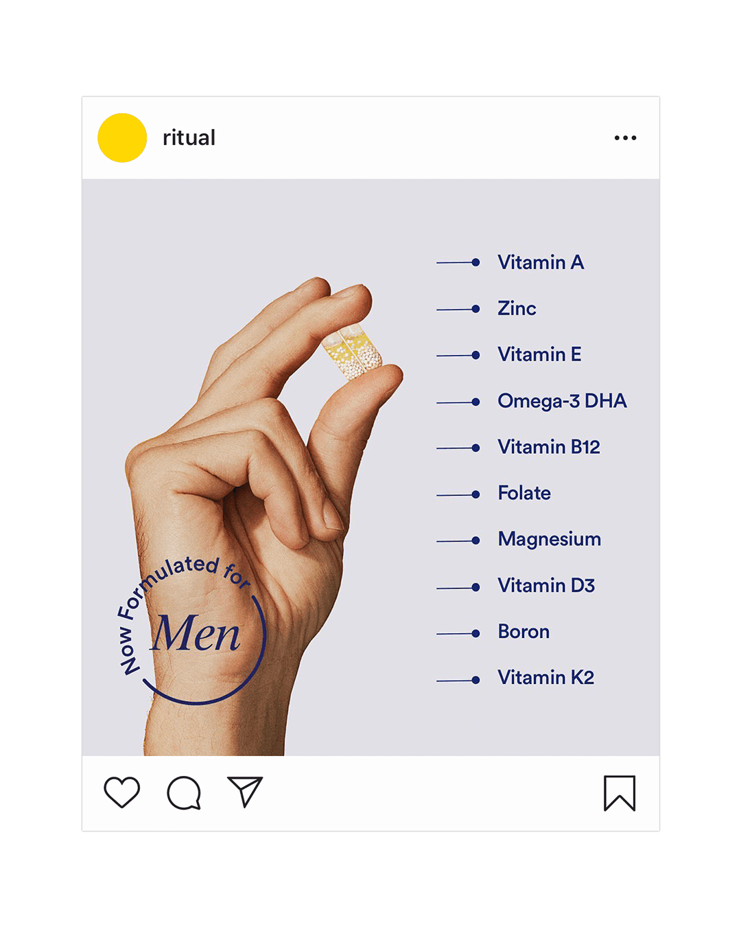 A hand holding Ritual vitamin capsules next to an inforgraphic showing various value props of the product.