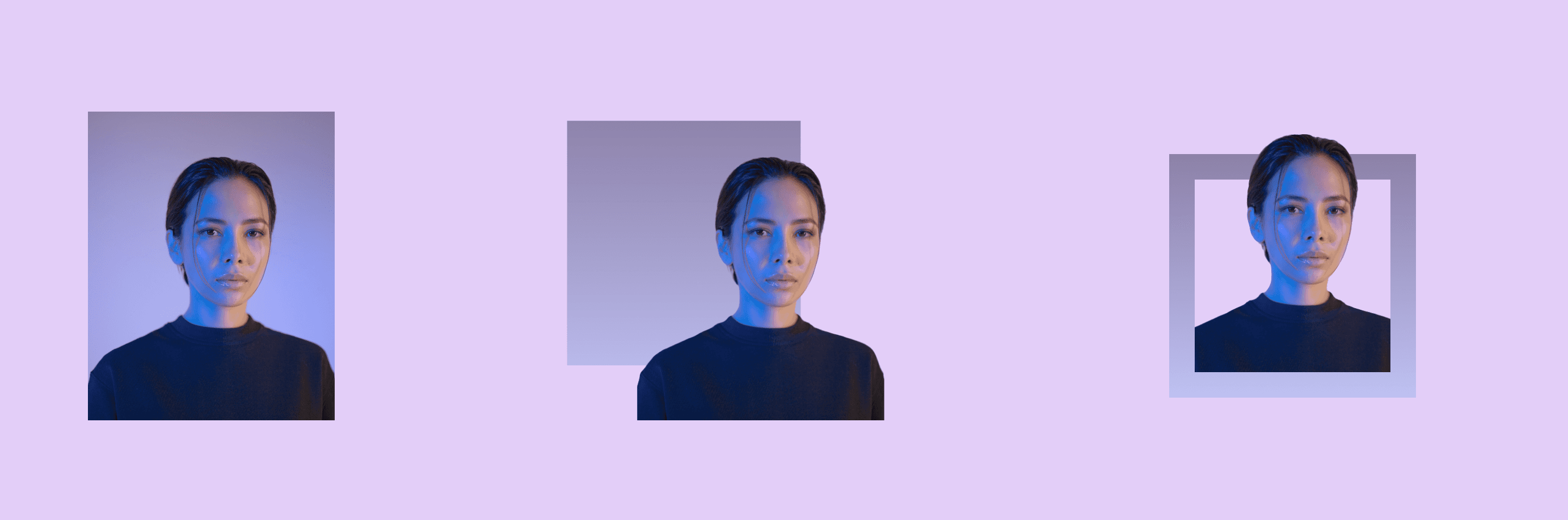 Various compositions derived from the same photo of a women on light purple background
