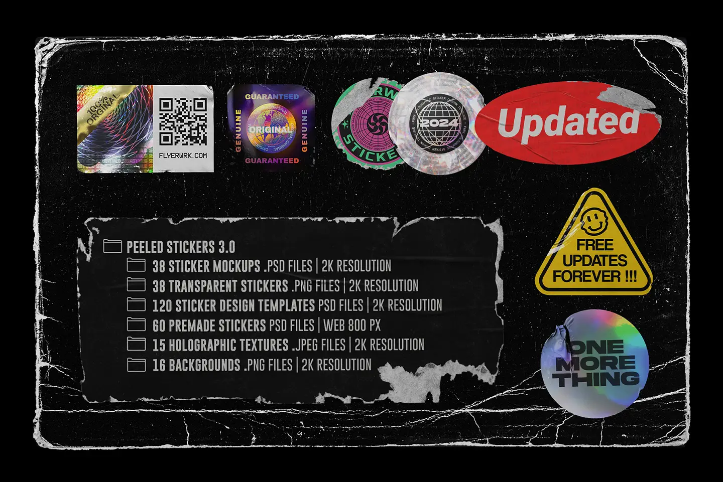 Detailed list of pack contents including 38 PSD mockups, 120 templates, and 15 holographic textures