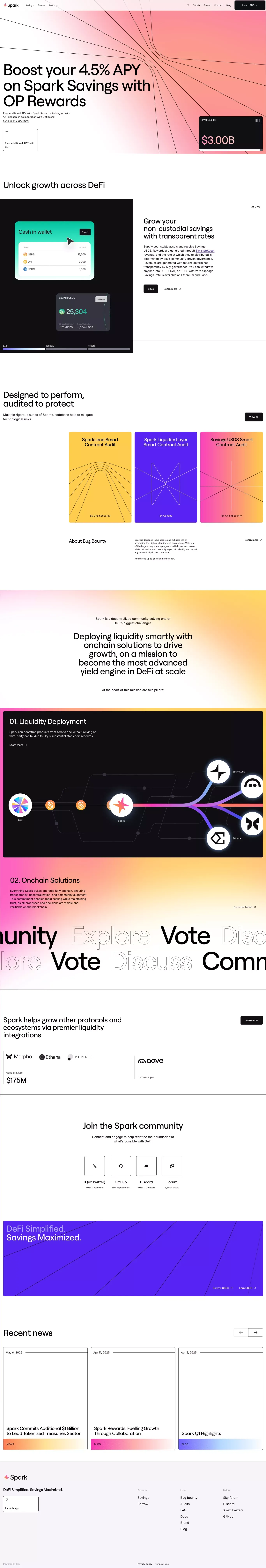 Spark: Earn on your stablecoins landing page screenshot showcasing Finance and Tech design
