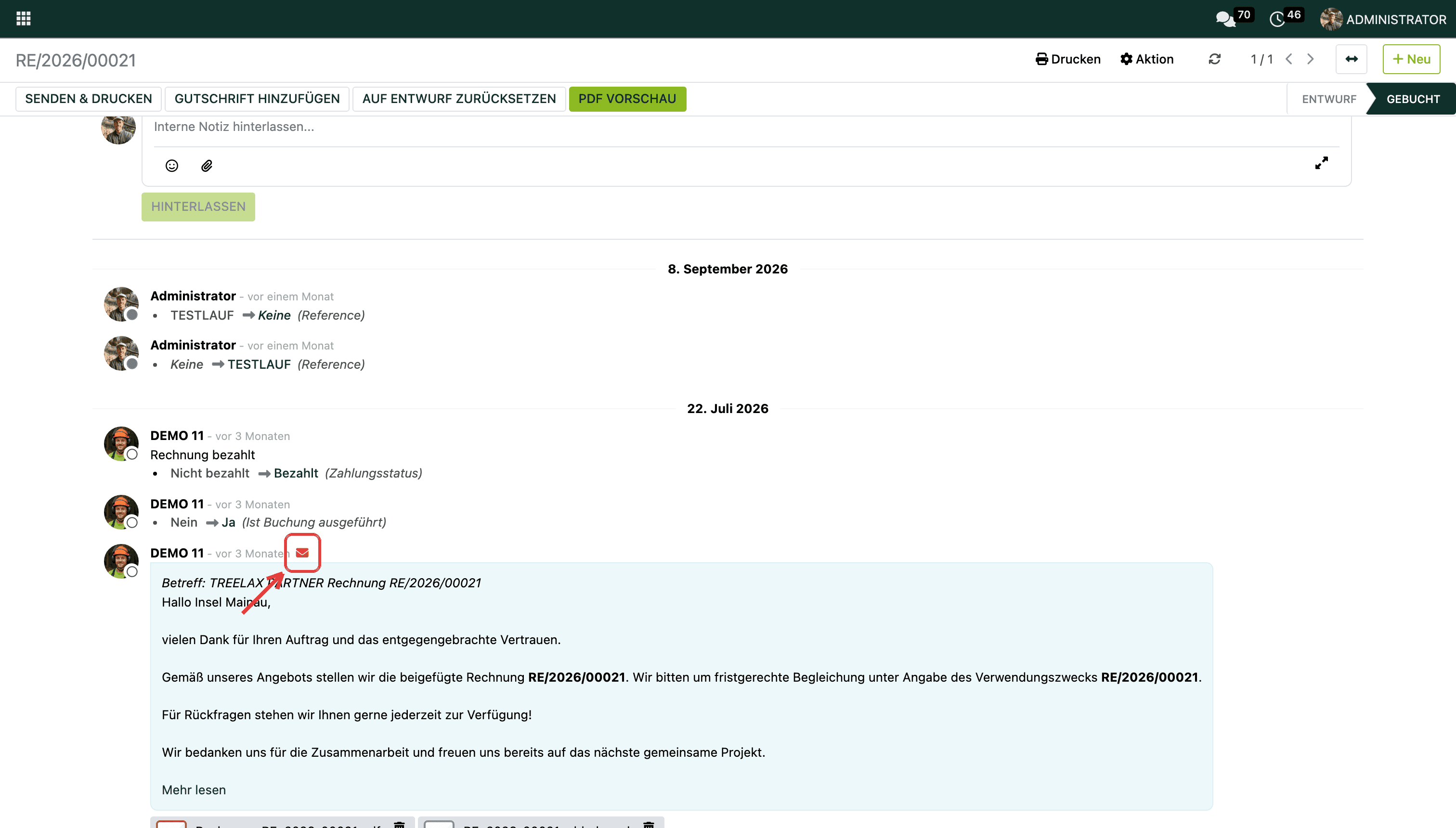 Rotes Briefsymbol im Verlauf einer Rechnung: Der Versand ist fehlgeschlagen. Ein Klick darauf zeigt die Fehlermeldung.